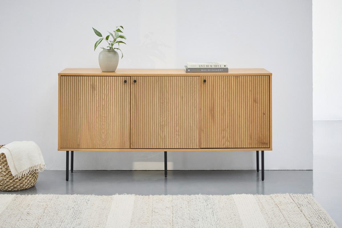 KOMODA SZEROKA LINE - kolor dębowy/czarny, Design, materiał drewnopochodny/metal (150/75/40cm) - Carryhome