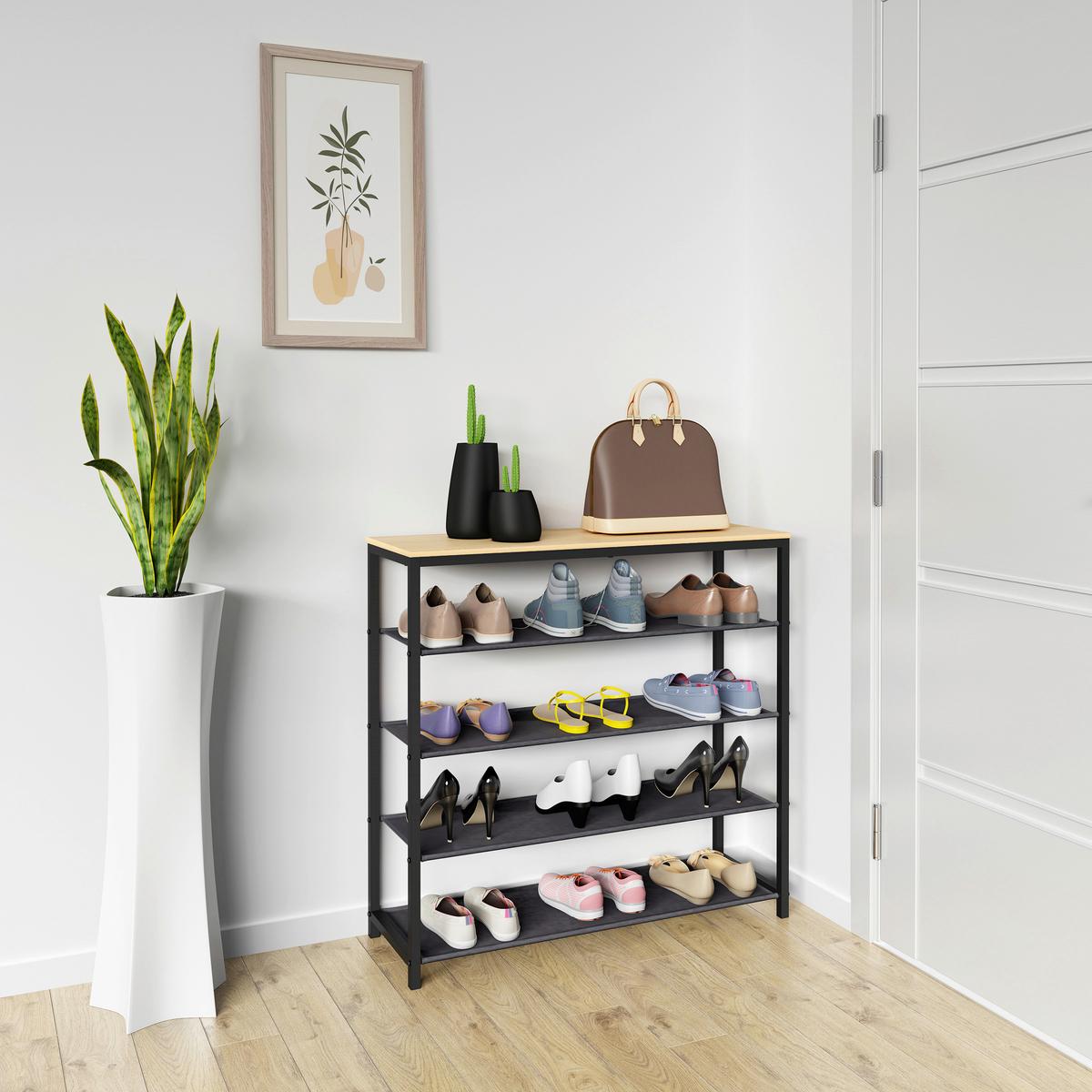 Regal Za Čevlje Taliro 4, Črna, Barva Hrasta - črna/barve medu, Design, kovina/leseni material (90/87/30cm) - MID.YOU