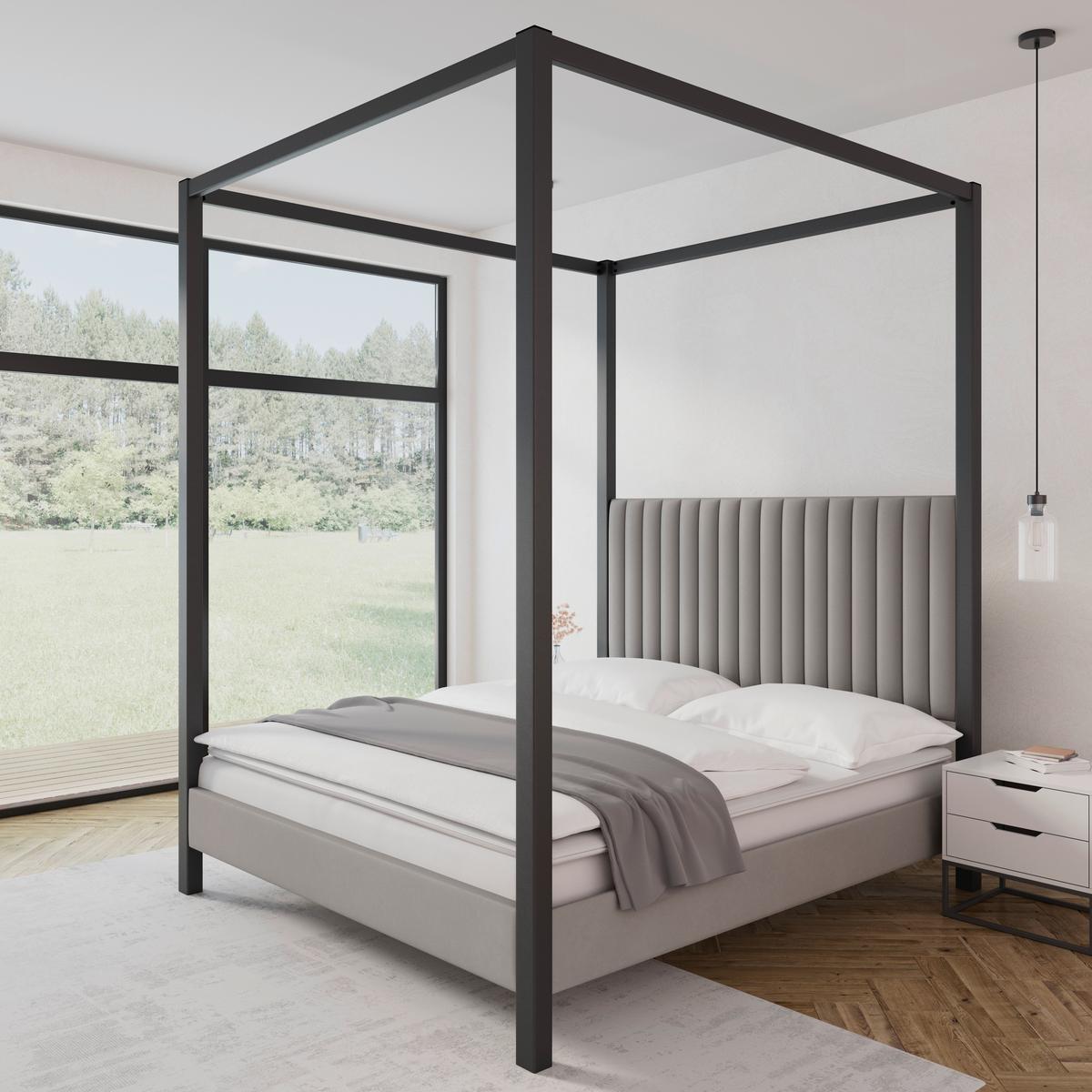 Himmelbett Mona ca. 180x200 cm Grau - Hellbraun/Schwarz, MODERN, Holz/Textil (180/200cm) - Bessagi Home