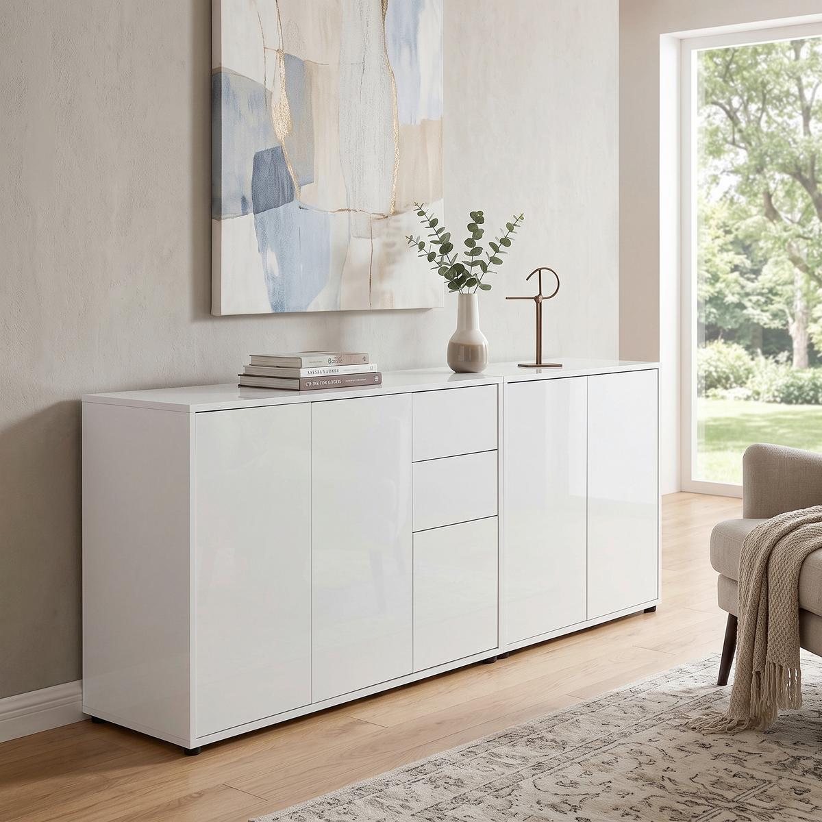Sideboard Mailand Set 10 Weiß - Weiß Hochglanz/Schwarz, MODERN, Holzwerkstoff/Kunststoff (184,5/73/33cm) - MID.YOU