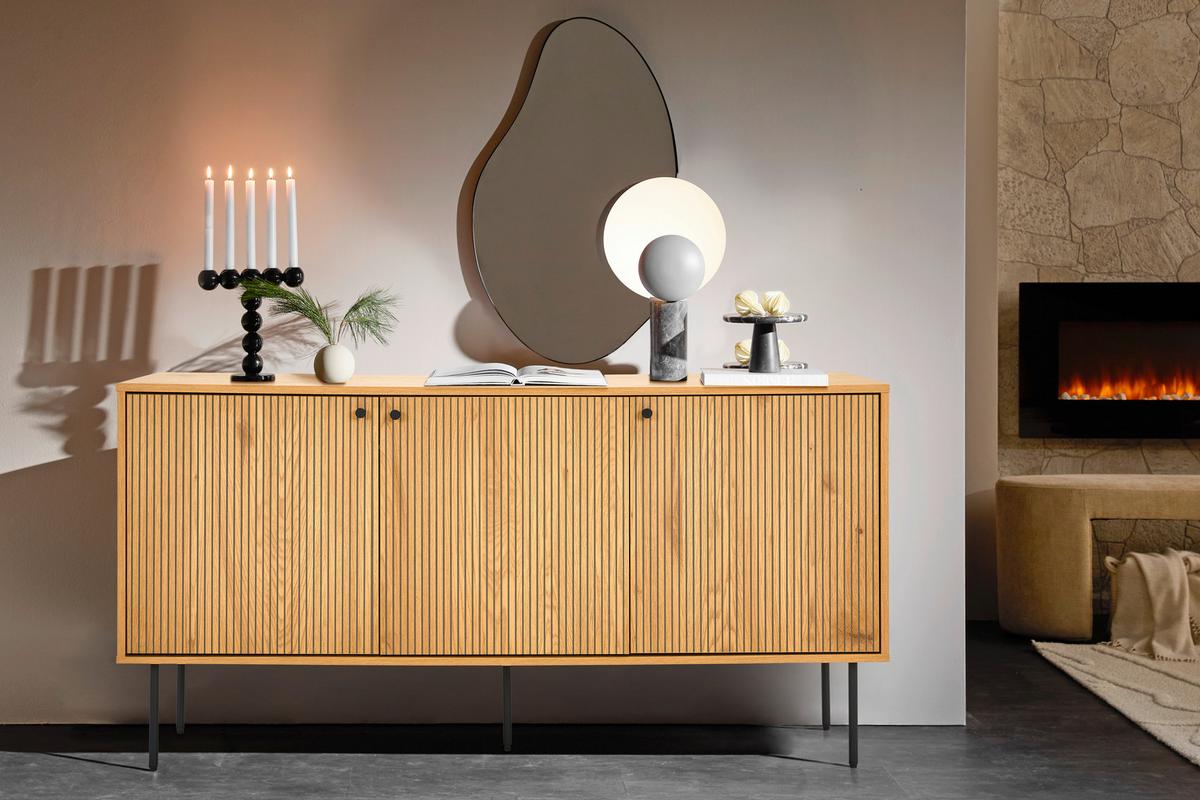 KOMODA SZEROKA LINE - kolor dębowy/czarny, Design, materiał drewnopochodny/metal (150/75/40cm) - Carryhome