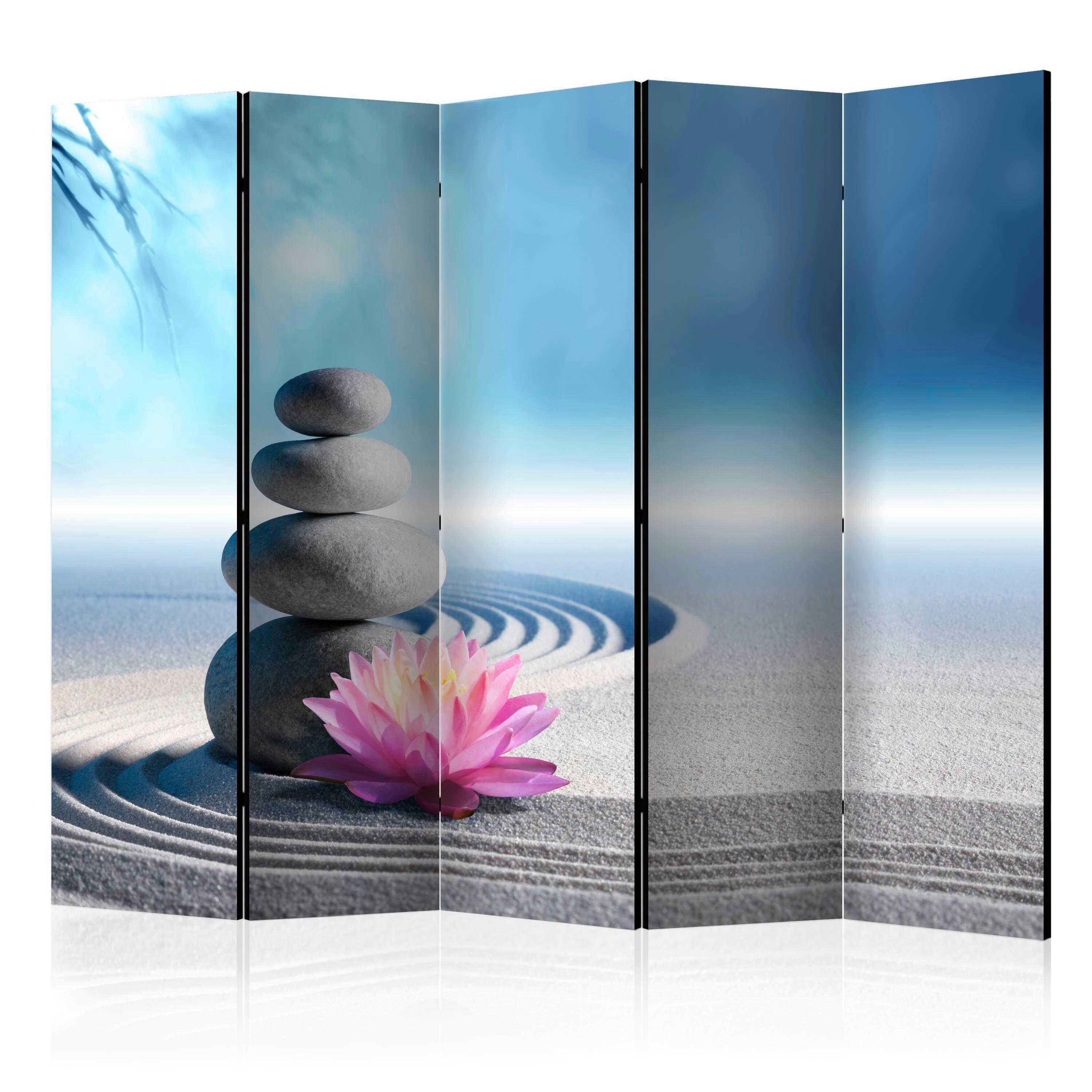 Paravent Zen Garden II Hellgrau/Hellblau - Hellgrau/Hellblau, Basics, Holz/Kunststoff (225/172/3cm) - artgeist