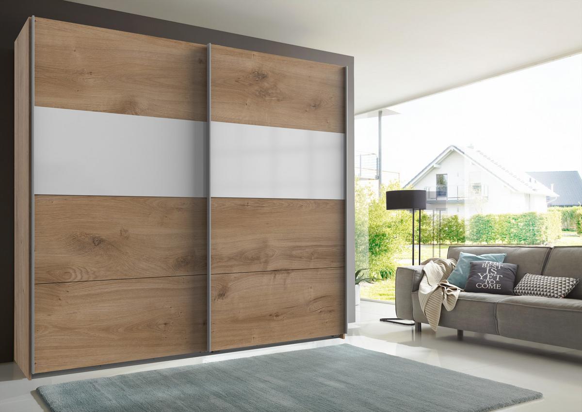 Schwebetürenschrank in Eichefarben/Weiß - Eichefarben/Alufarben, KONVENTIONELL, Holzwerkstoff/Metall (225/236/65cm) - Mömax