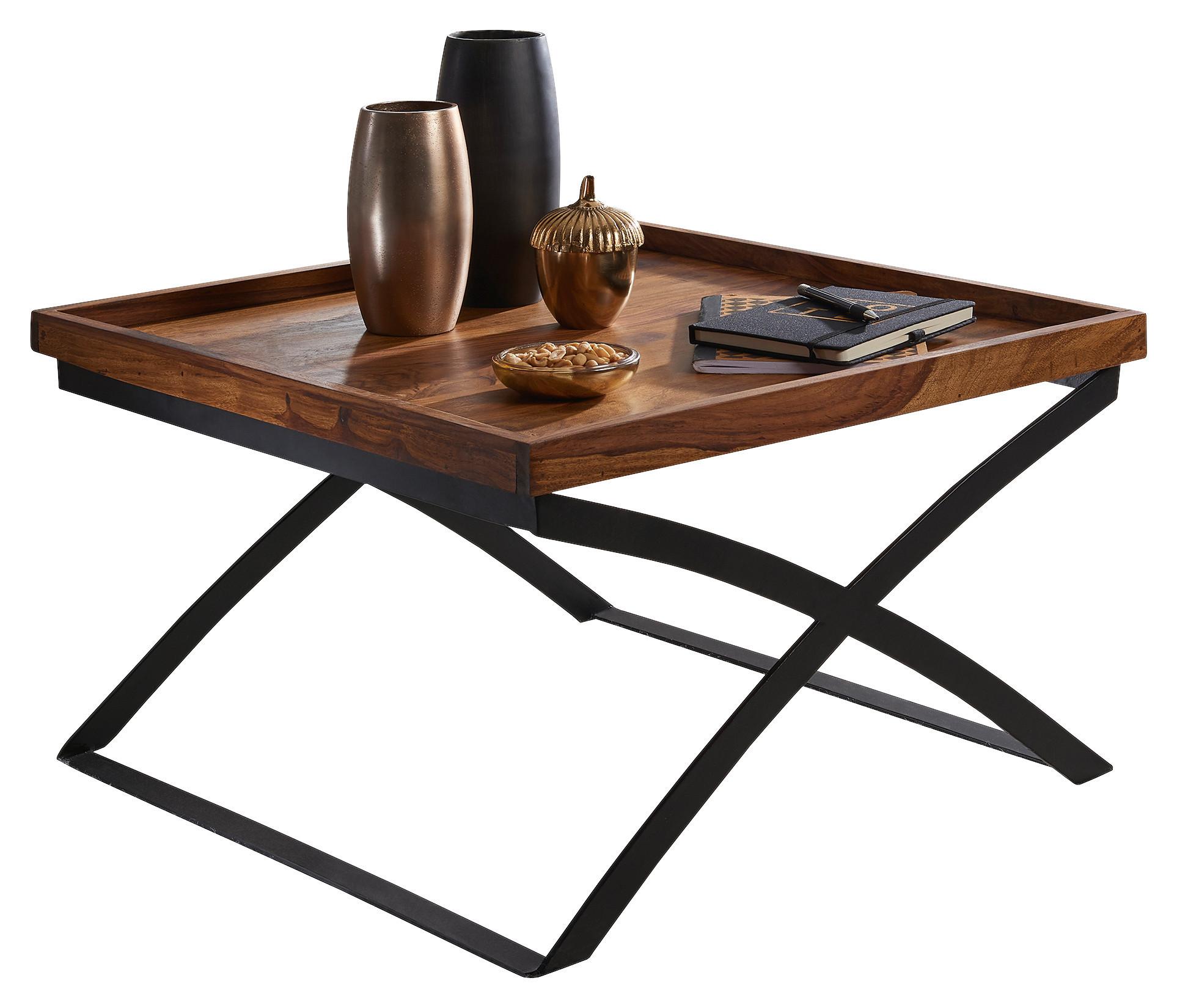 Couchtisch "WL5.595" , ca. 63x63 cm, aus Sheesham - Sheeshamfarben/Schwarz, Design, Holz/Metall (63/63/39cm) - MID.YOU