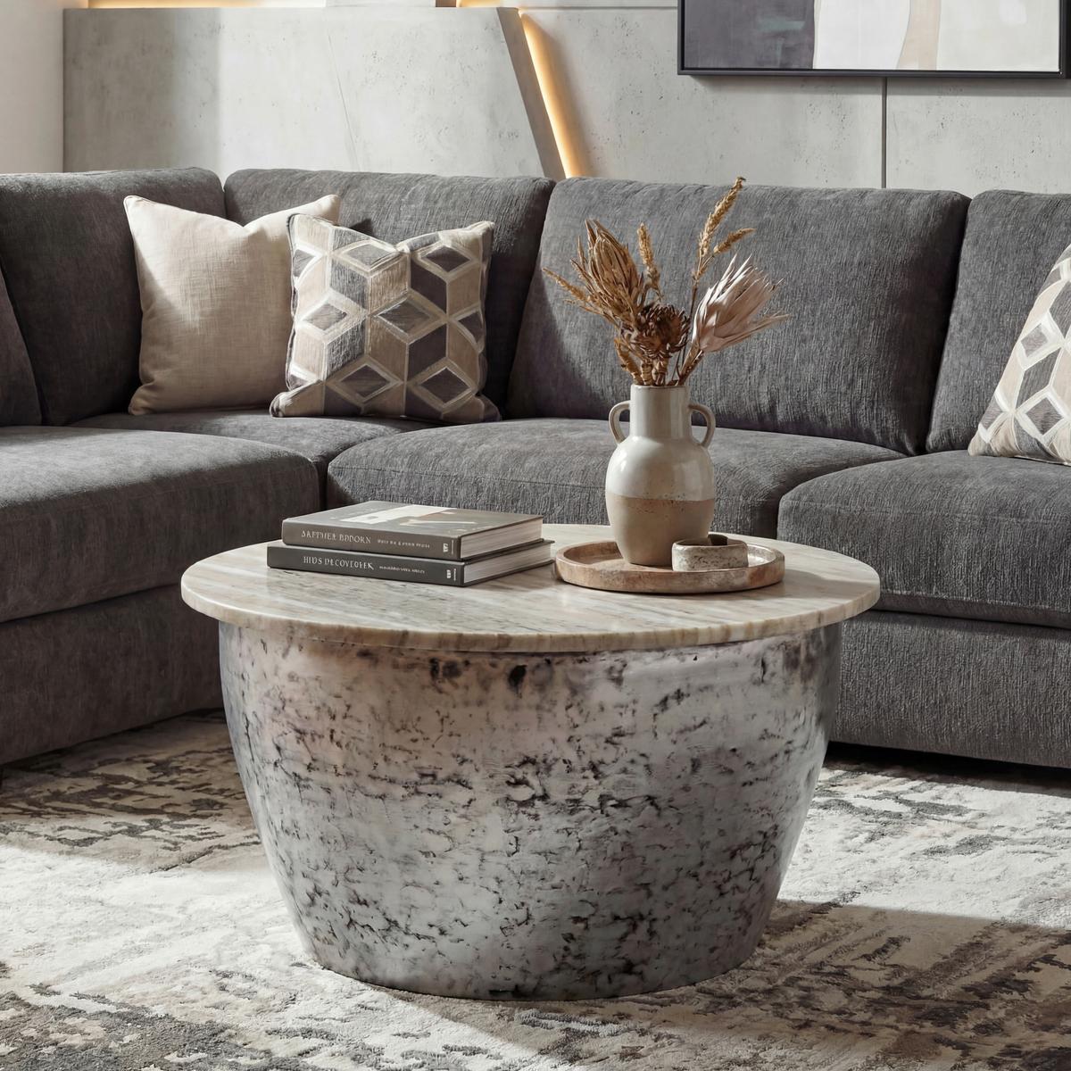 Couchtisch 60/60/34 cm rund Silberfarben Metall, Stein online kaufen ➤ mömax