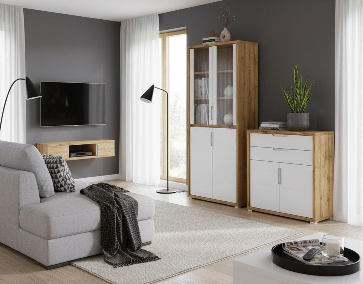 KOMODA LINE4 - kolor dębowy/biały wysoki połysk, Modern, materiał drewnopochodny (80/112/36cm) - Xora