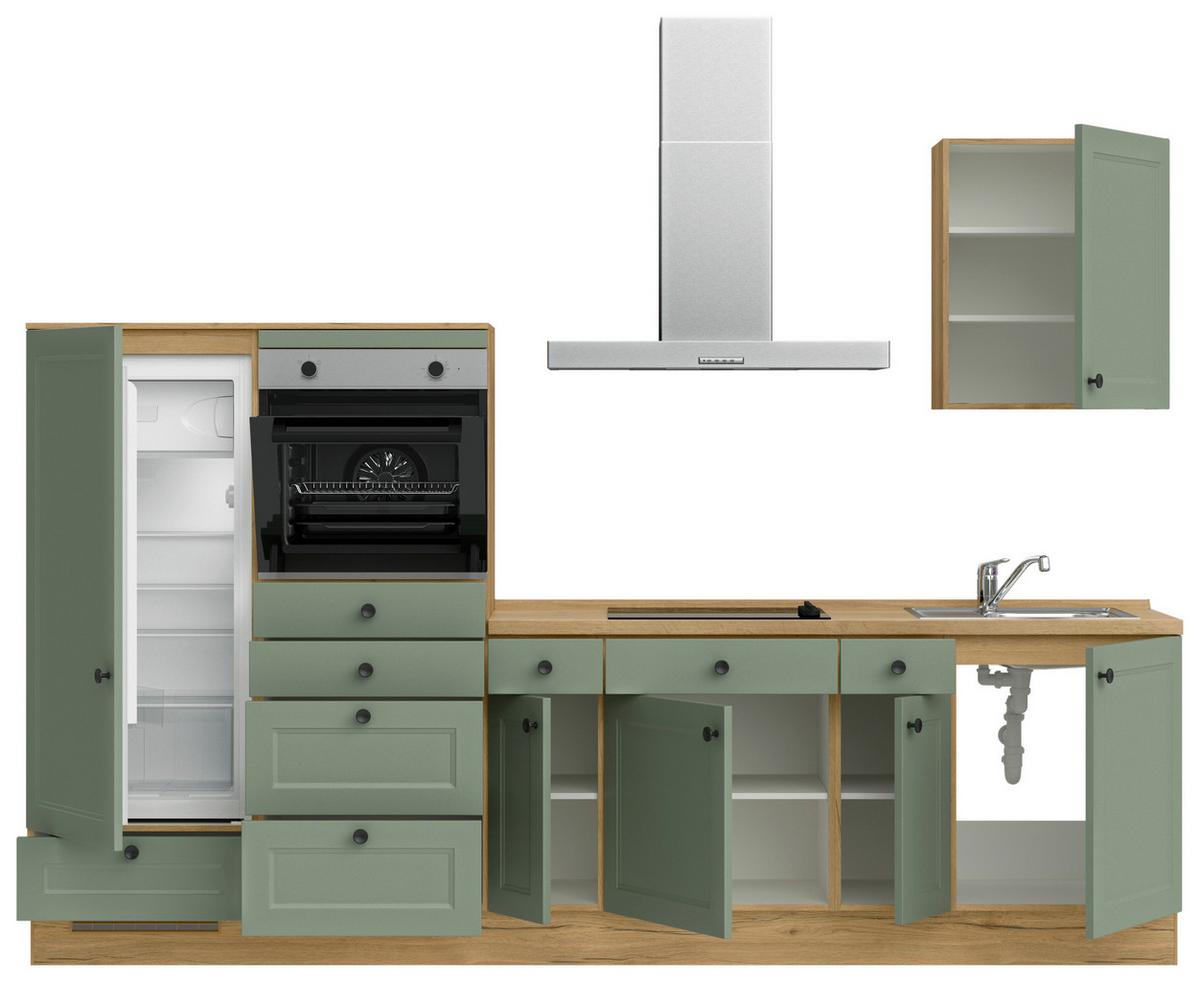 Küchenblock Cascada Low m. Geräten Schilfgrün - Schilfgrün/Eichefarben, MODERN, Holzwerkstoff/Metall (300cm) - Nobilia