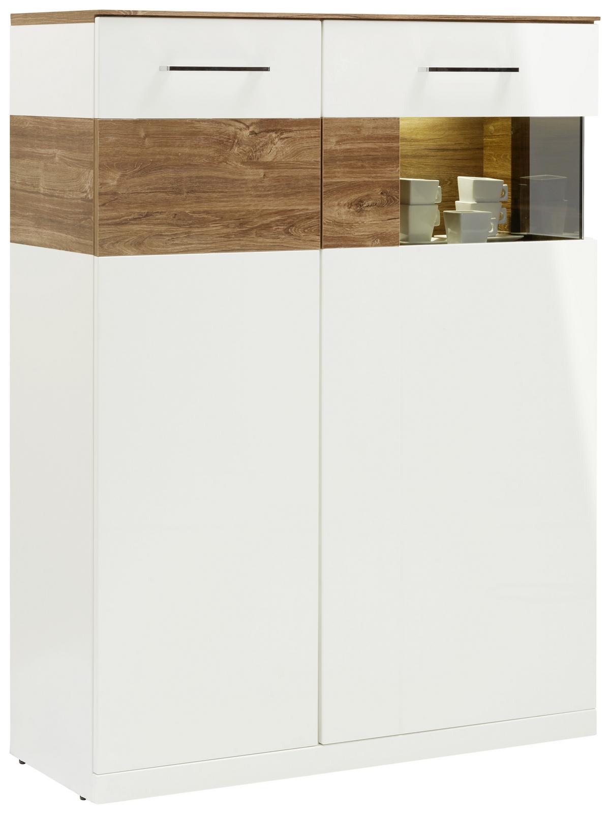 Highboard in Weiß Hochglanz - Weiss/Akaziefarben, Modern, Holzwerkstoff (104/137/40cm) - Premium Living