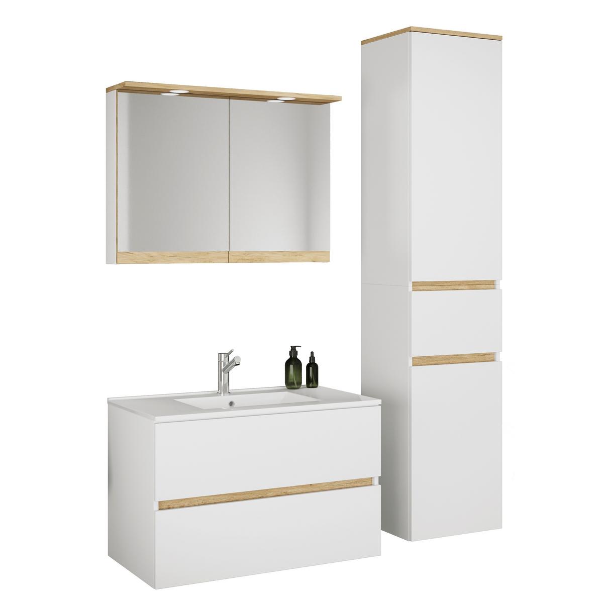 Badezimmer Cosila - Honigeiche/Weiss, Trend, Keramik/Holzwerkstoff (121cm) - MID.YOU
