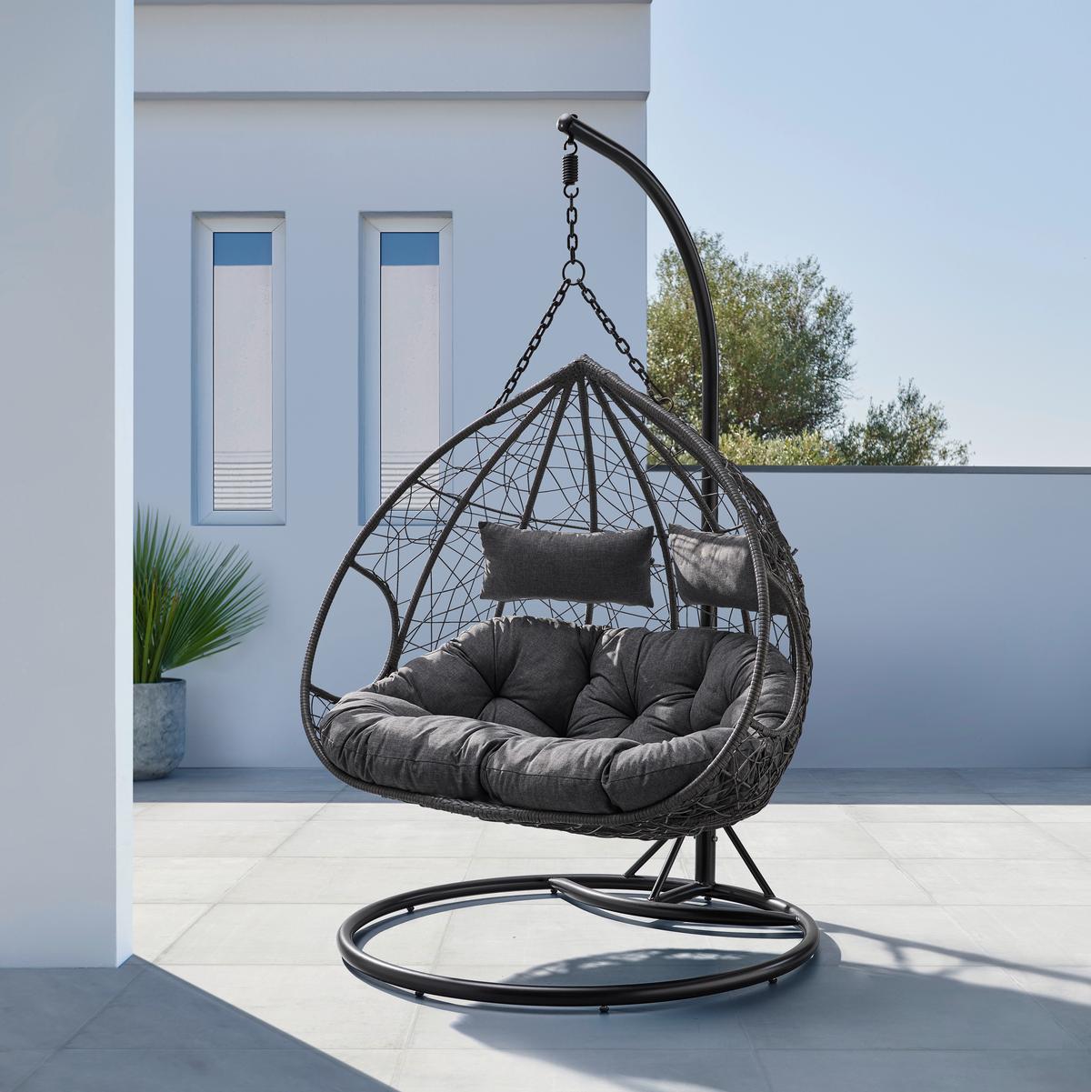 Hängesessel Enea Dunkelgrau Metall/Kunststoff/Outdoorstoff - Dunkelgrau/Schwarz, MODERN, Textil/Metall (133/205/120cm) - Bessagi Garden