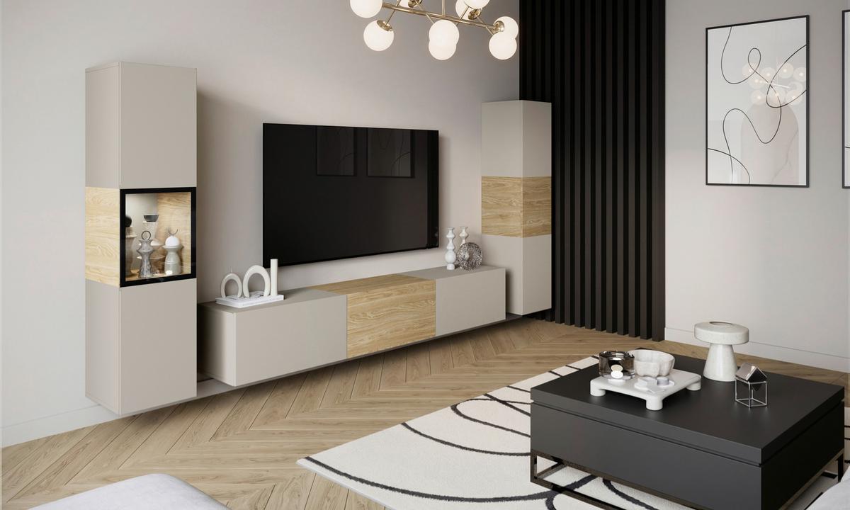 Wohnwand mit LED Berlin III Kaschmir/Eichefarben - Kaschmir/Eichefarben, Design, Glas/Holzwerkstoff (240/130/31cm) - P & B