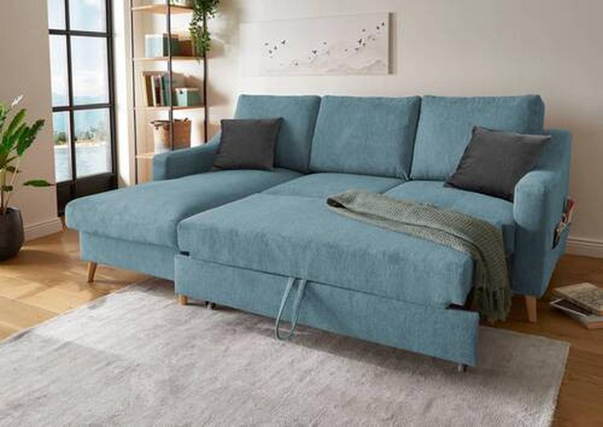 Wohnlandschaft Valentina Blau Mikrofaser - Blau/Schwarz, Design, Holz/Textil (150/228cm) - MID.YOU