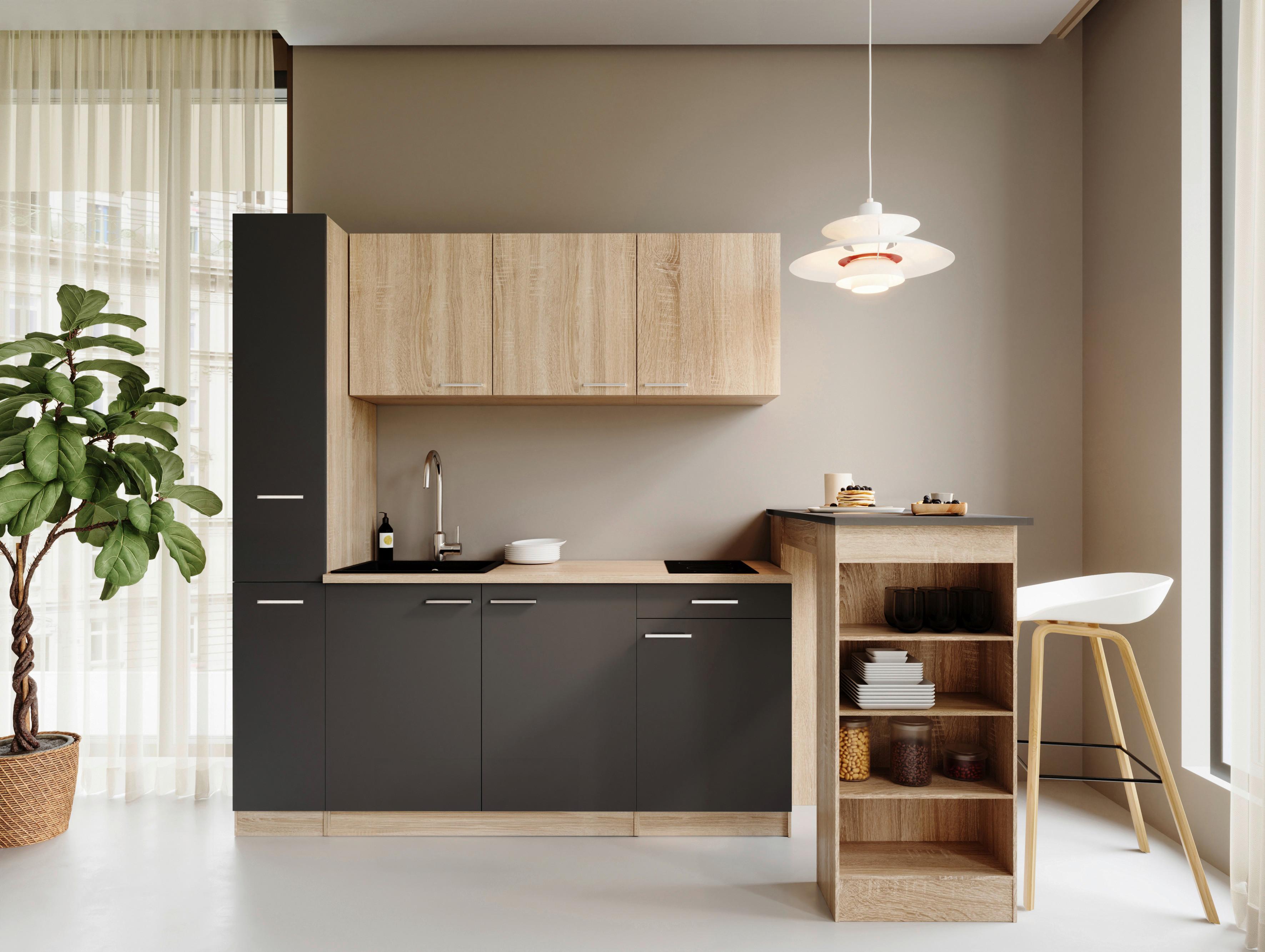 Küchenblock Ingrid m. Gerät Grau - Eichefarben/Alufarben, Design, Holzwerkstoff/Kunststoff (180cm) - Respekta