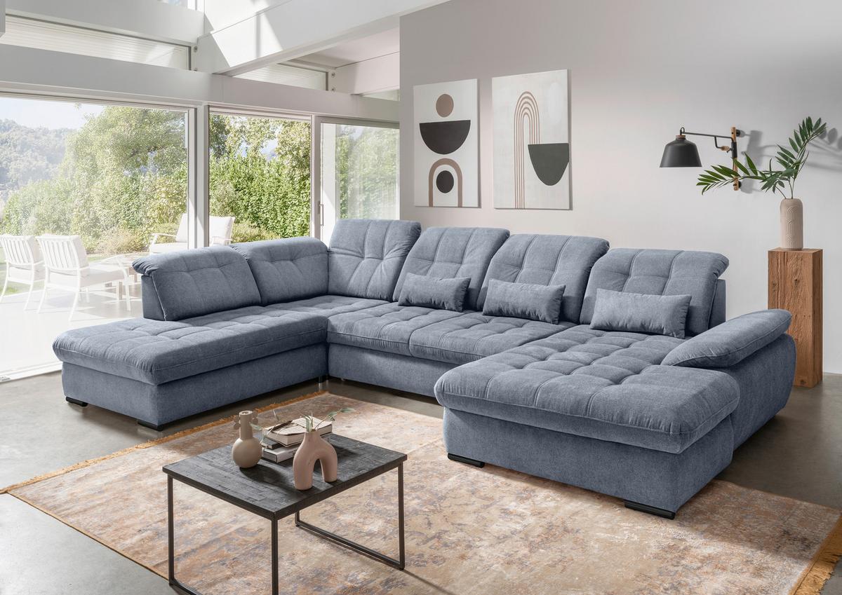 Wohnlandschaft Rigatti Hellblau Chenille m.Bettkasten - Schwarz/Hellblau, MODERN, Textil/Metall (252/387/184cm) - Livetastic