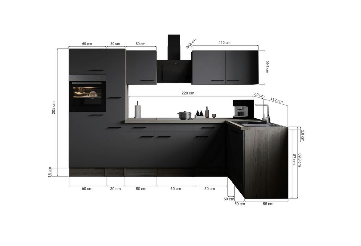 Kotna Kuhinja Z Aparati Oliver, 310x172cm - črna/barve hrasta, Design, kovina/leseni material (310/172cm) - Respekta