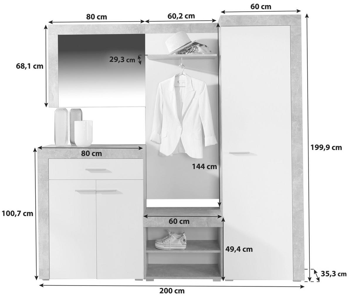 Ansamblu de hol PORTO - alb/gri, Modern, material pe bază de lemn (200/200/35,3cm) - Modern Living