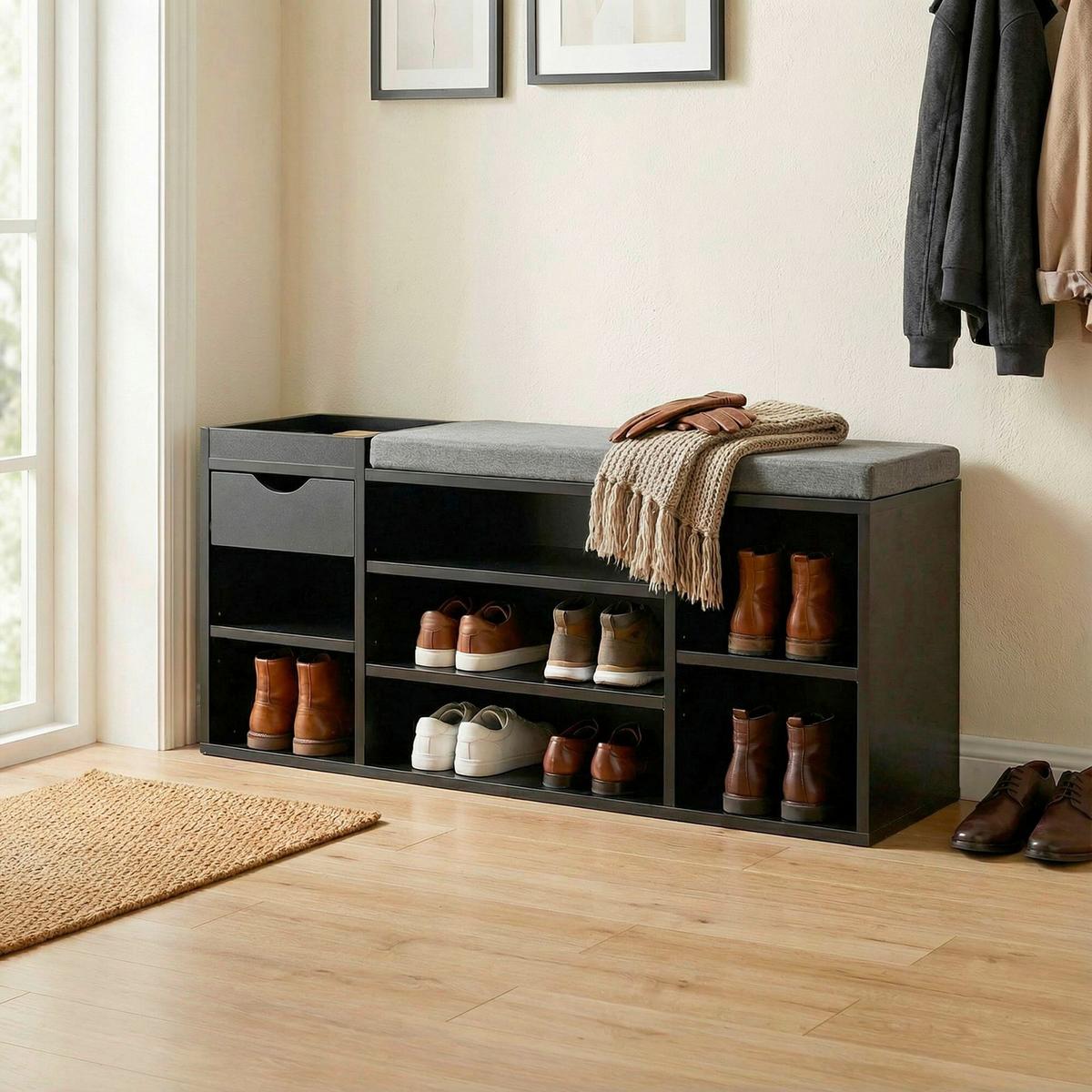 Bancă Depozitare Pantofi Wl7.769 - negru, Design, textil/material pe bază de lemn (100/45/30cm) - Livetastic