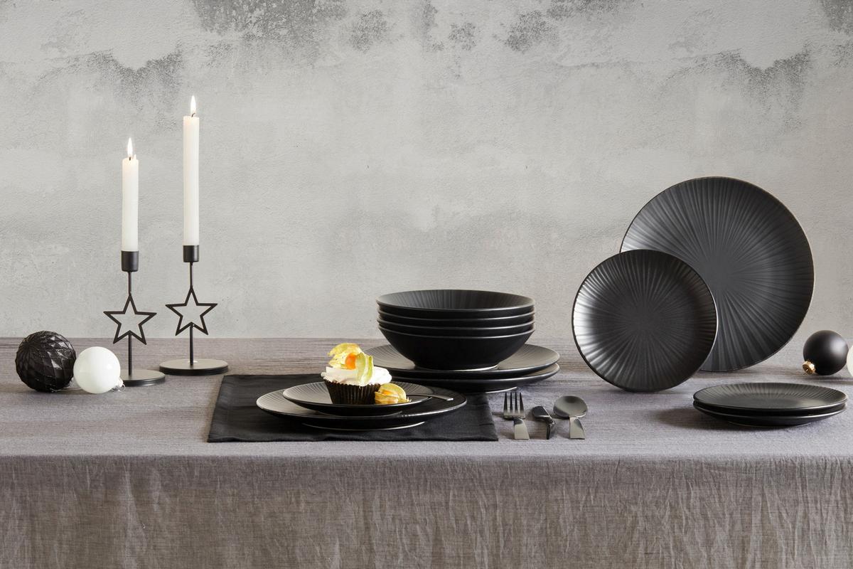 Tafelservice Black aus Steingut, 12-teilig - Schwarz, MODERN, Keramik - Premium Living