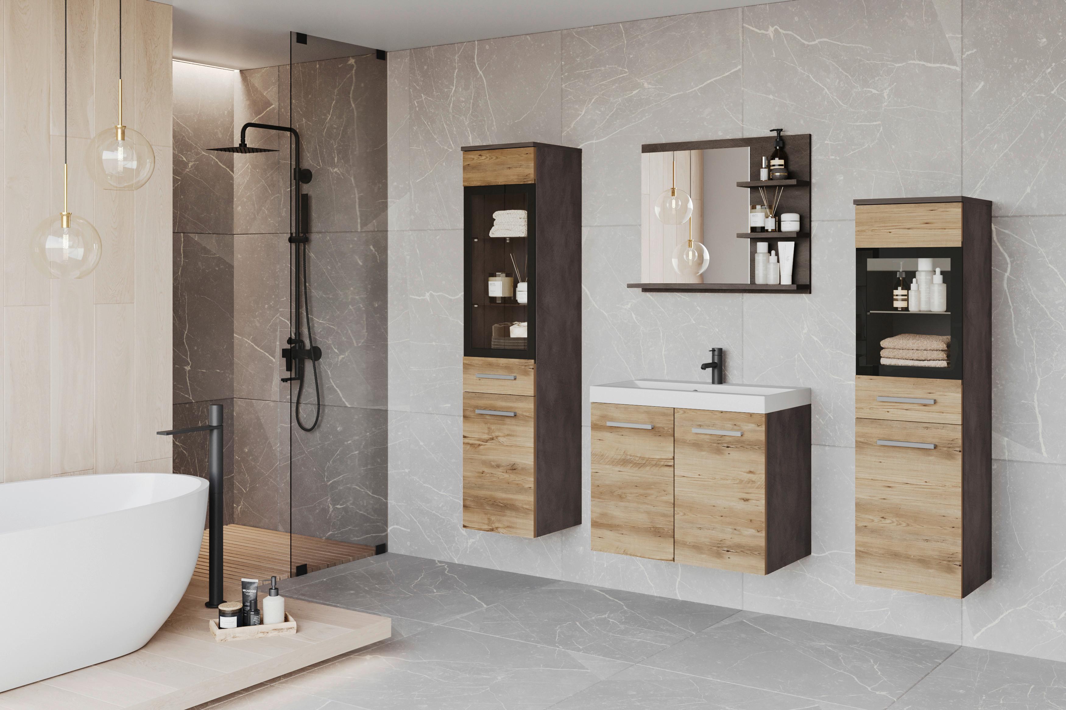Badmöbel-Set 5-tlg. Madrit mit LED ca. 120 cm Kastanieneiche - Kastanieneichefarben/Anthrazit, LIFESTYLE, Glas/Keramik (120,4/131,5/34,5cm) - P & B