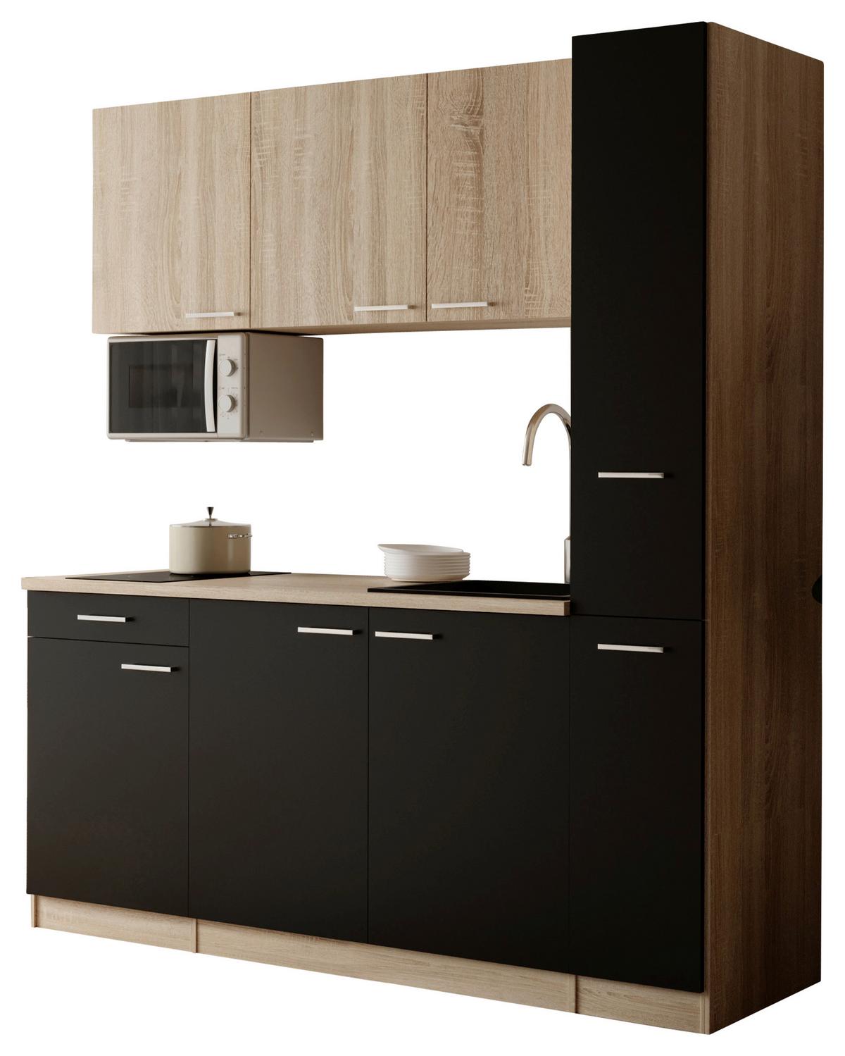 Küchenblock Ingrid m. Geräten Schwarz - Eichefarben/Schwarz, Design, Holzwerkstoff/Kunststoff (180cm) - Respekta