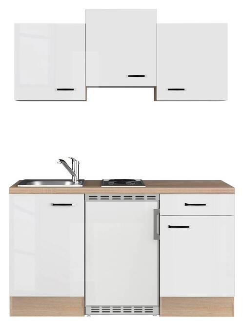 Miniküche Valero m. Geräten B: ca. 150cm Weiß Hochglanz - Edelstahlfarben/Weiß Hochglanz, Basics, Holzwerkstoff/Metall (150,5cm) - FlexWell