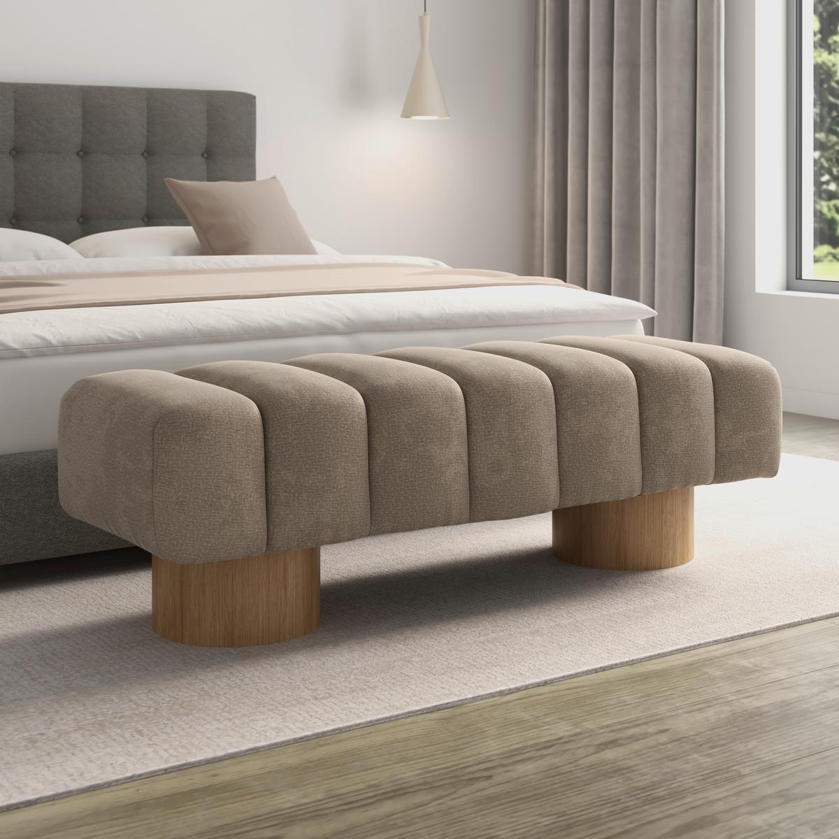 Sitzbank Alina Chenille Hellbraun - Hellbraun/Naturfarben, MODERN, Holz/Holzwerkstoff (140/45/45cm) - Bessagi Home