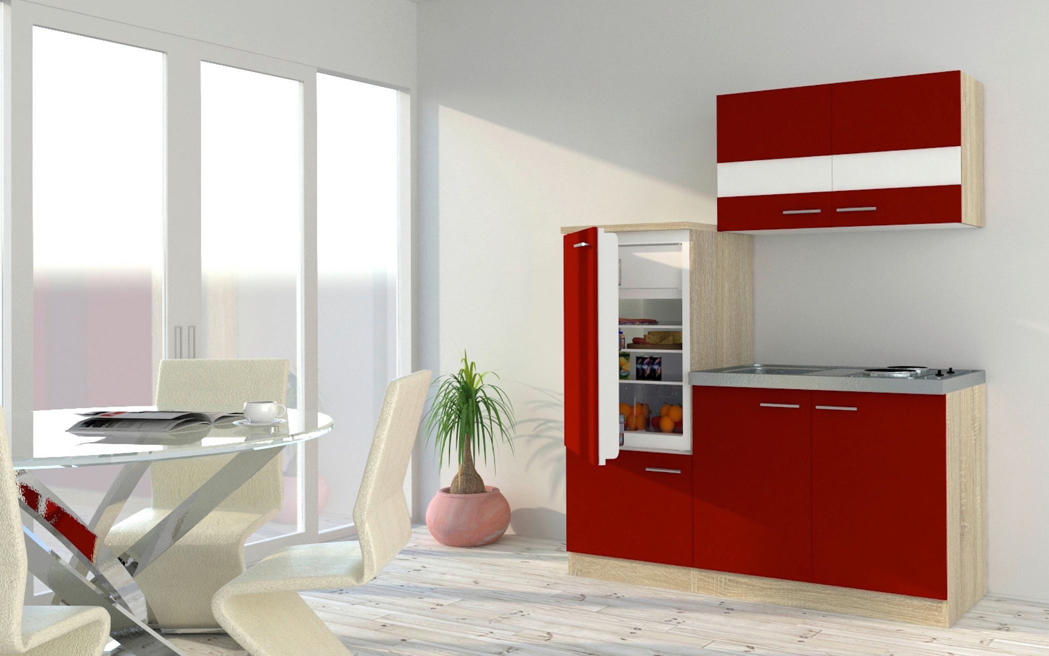 Kuhinjski Blok Z Aparati Economy, Barva Hrasta, Rdeča - barve nerjavečega jekla/rdeča, Basics, kovina/leseni material (160cm) - Respekta