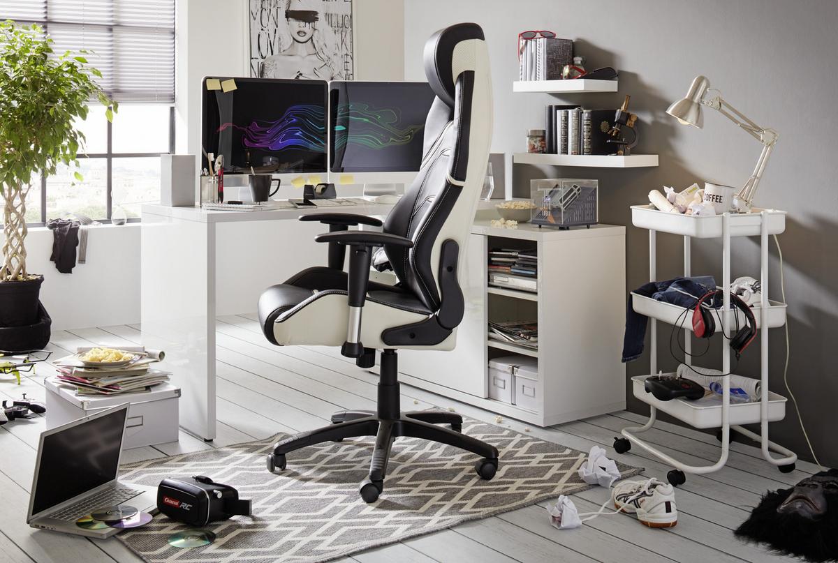 Gamingstuhl im Lederlook - Weiss/Schwarz, Modern, Kunststoff/Textil (67/126-134/72cm) - Premium Living