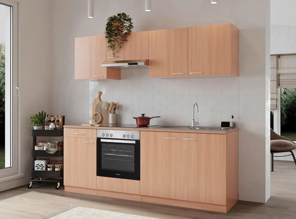 Küchenblock Gerda mit Geräten ca. 210 cm Buchefarben - Buchefarben/Alufarben, Basics, Holzwerkstoff/Kunststoff (210cm) - Respekta