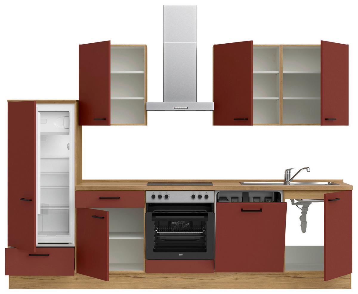 Küchenblock Easytouch Low m. Geräten Dunkelrot - Eichefarben/Schwarz, MODERN, Holzwerkstoff/Metall (300cm) - Nobilia