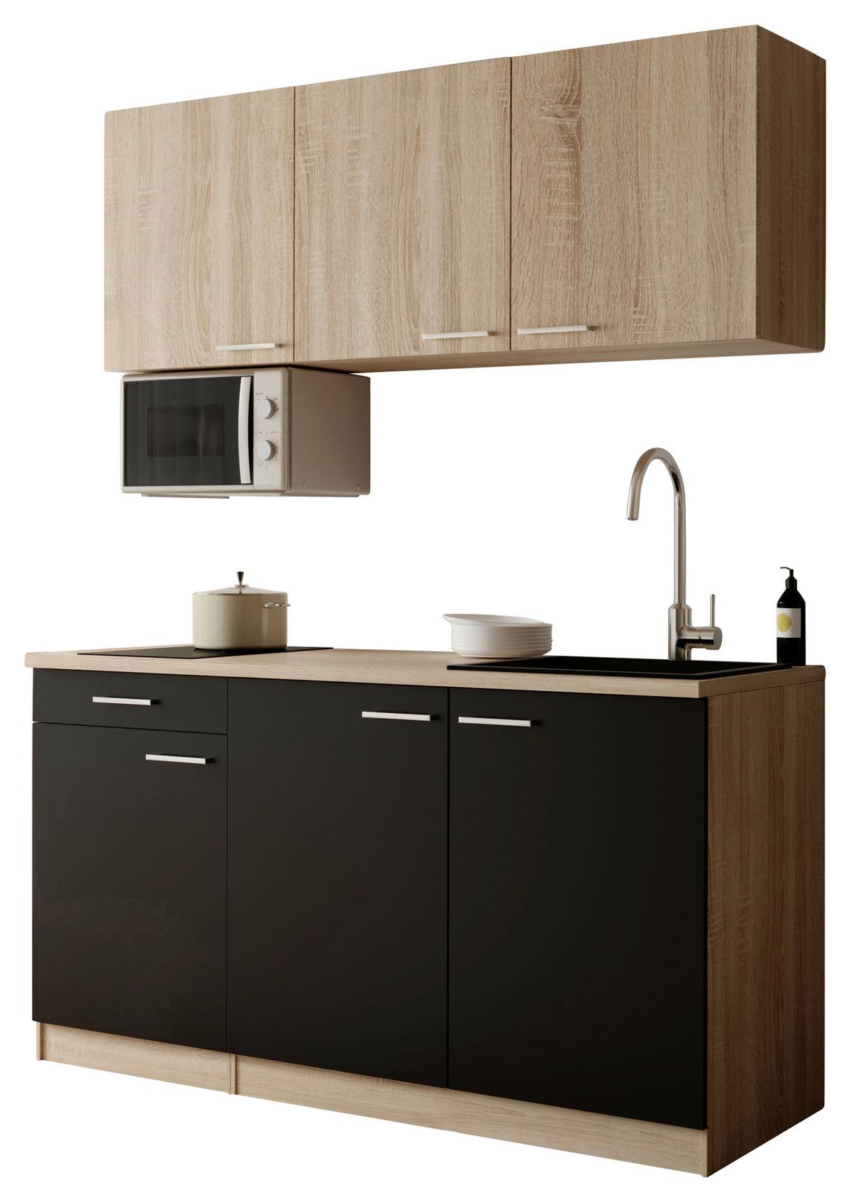 Miniküche Ingrid m. Geräten ca. 150cm Schwarz - Eichefarben/Schwarz, Design, Holzwerkstoff/Kunststoff (150cm) - Respekta
