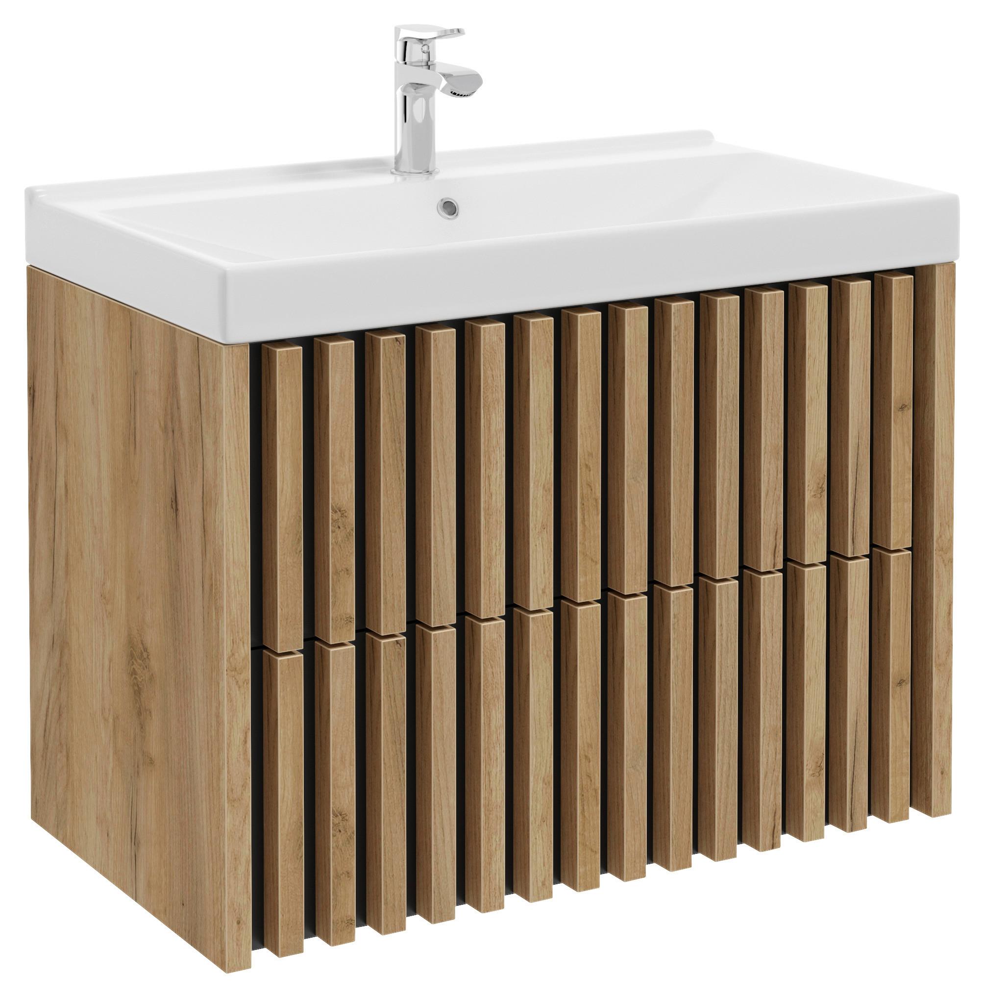 Bază cu lavoar Line - alb/culoare lemn stejar, Modern, ceramică/material pe bază de lemn (81cm) - Welnova