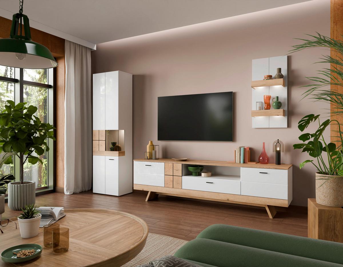 VITRINĂ ORETA - alb/culoare lemn stejar, Modern, sticlă/material pe bază de lemn (54,7/200/36,6cm) - Modern Living
