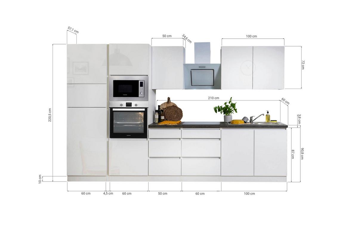 Küchenblock Lorena mit Geräten ca. 335 cm Grau Hochglanz - Grau Hochglanz/Graphitfarben, Basics, Holzwerkstoff (335cm) - Respekta