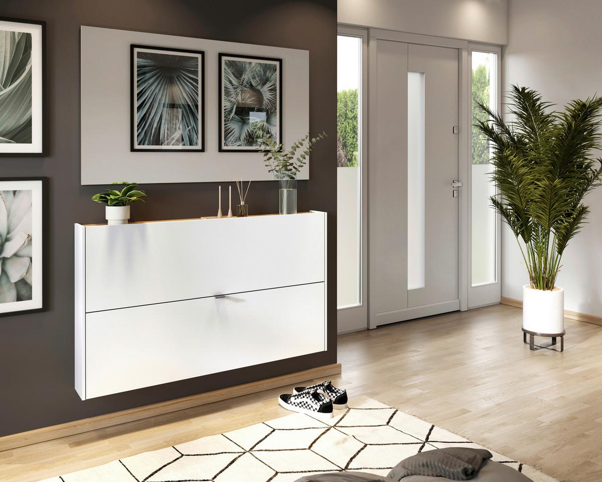 Hängeschuhschrank Ameca Weiß/Eichefarben - Eichefarben/Schwarz, MODERN, Holzwerkstoff/Metall (140/83/18cm) - Premium Living