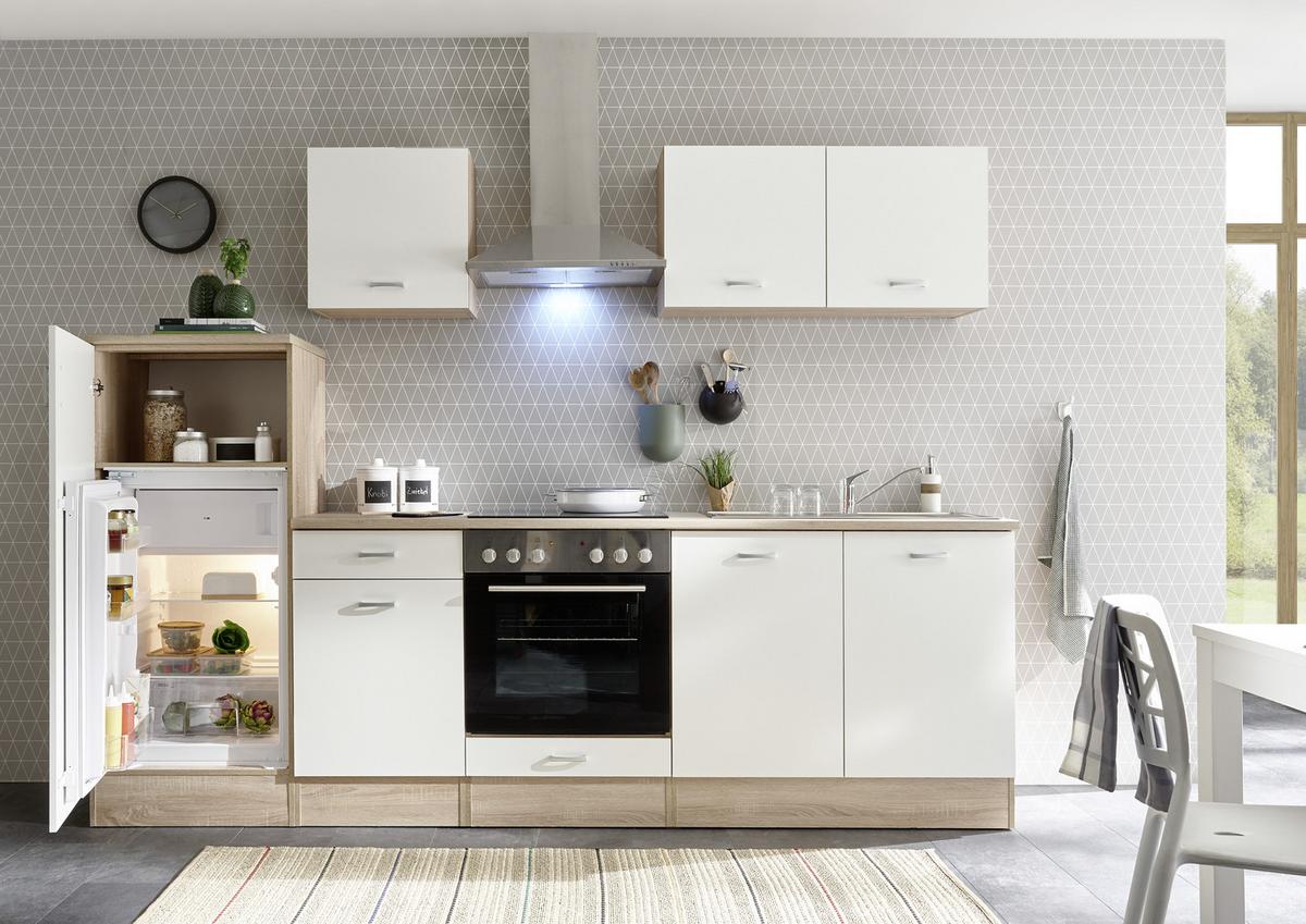 Küchenblock Andy inkl. Geräte + Spüle ca. 270 cm Weiß/Eiche - Weiß/Sonoma Eiche, Basics, Holzwerkstoff/Metall (270cm) - P & B