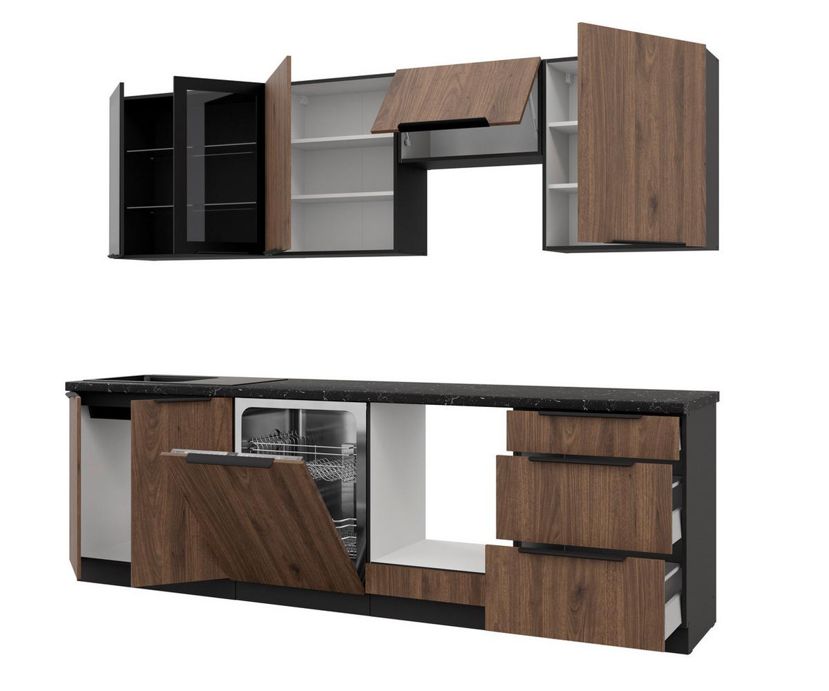 Blok Kuhinja Monza - boje oraha/crna, Moderno, staklo/drvni materijal (260/210/60cm) - Modern Living