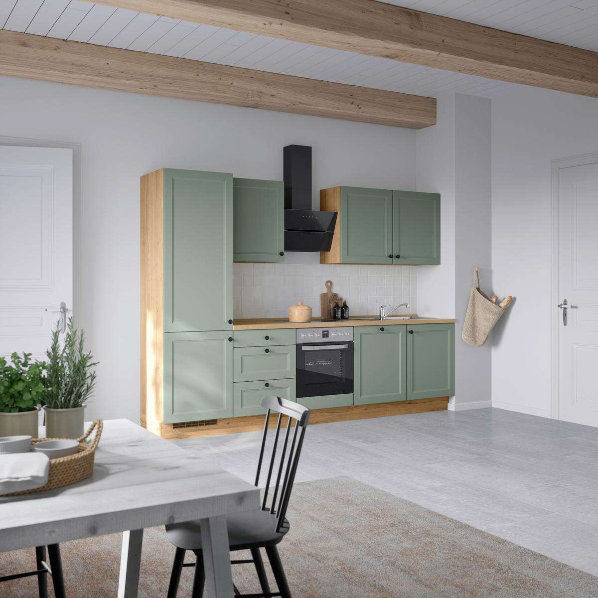 Küchenblock Cascada High m. Geräten Schilfgrün - Schilfgrün/Eichefarben, MODERN, Holzwerkstoff/Metall (300cm) - Nobilia
