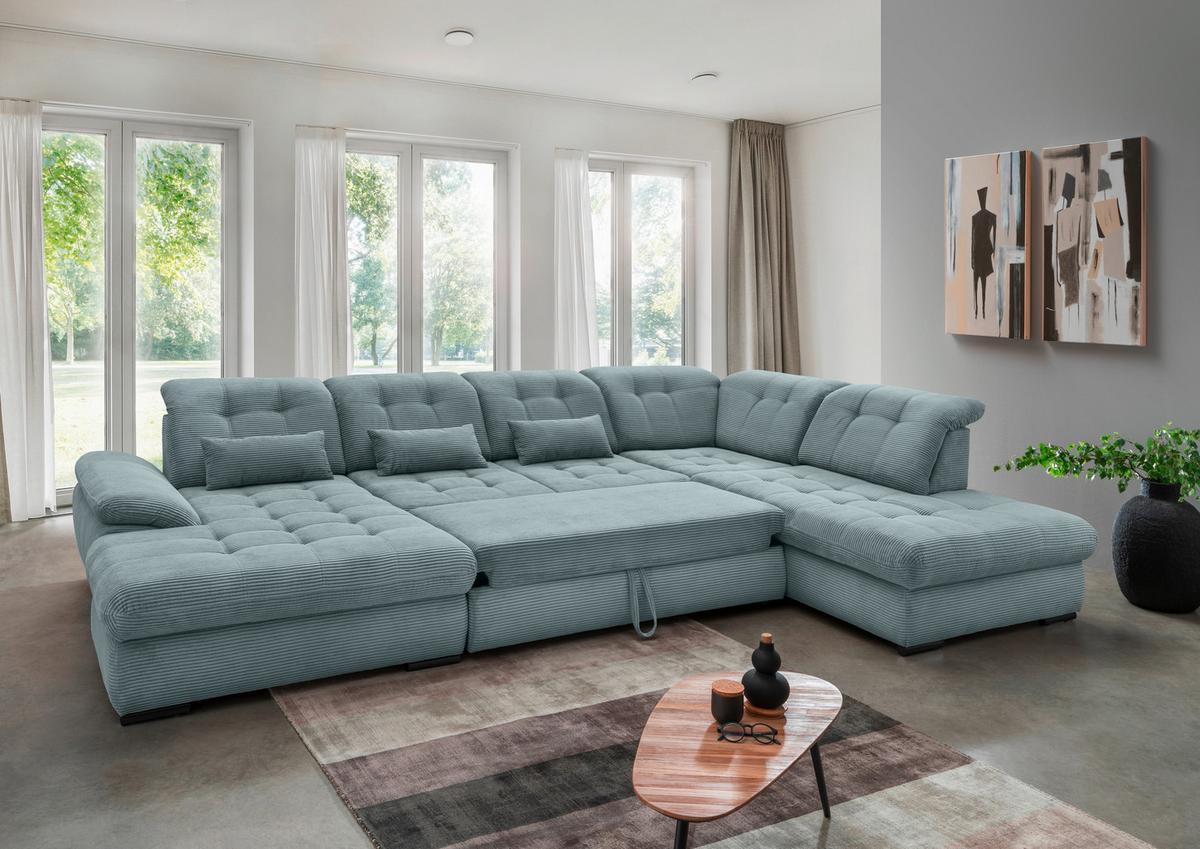 Wohnlandschaft Rigatti Hellblau Cord mit Bettkasten - Schwarz/Hellblau, MODERN, Textil/Metall (184/387/252cm) - Livetastic