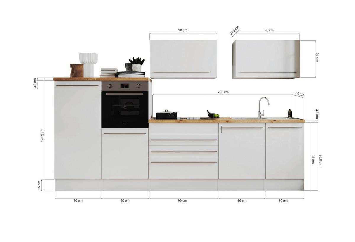 Küchenblock Gabriel mit Geräten ca. 320 cm Grau - Wildeiche/Edelstahlfarben, Basics, Holzwerkstoff/Kunststoff (320cm) - Respekta