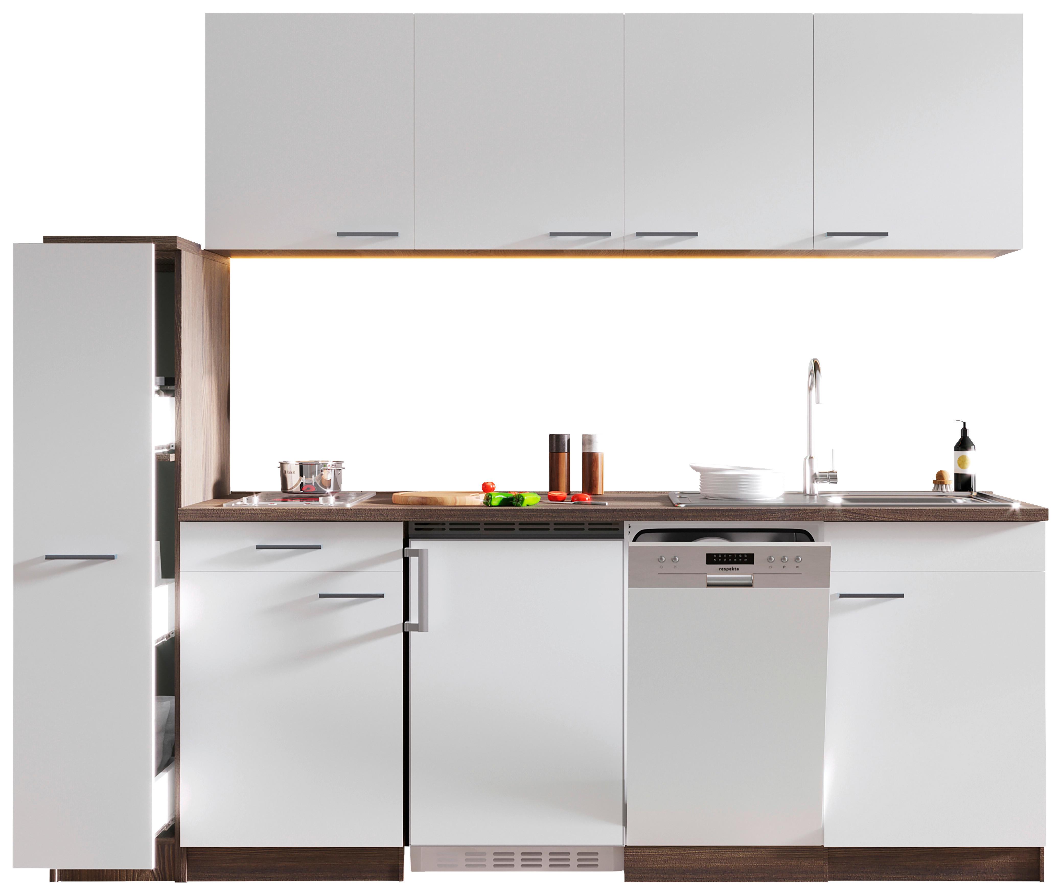 Küchenblock Oliver mit Geräten ca. 225 cm Weiß - Eichefarben/Alufarben, Basics, Holzwerkstoff/Kunststoff (225cm) - Respekta
