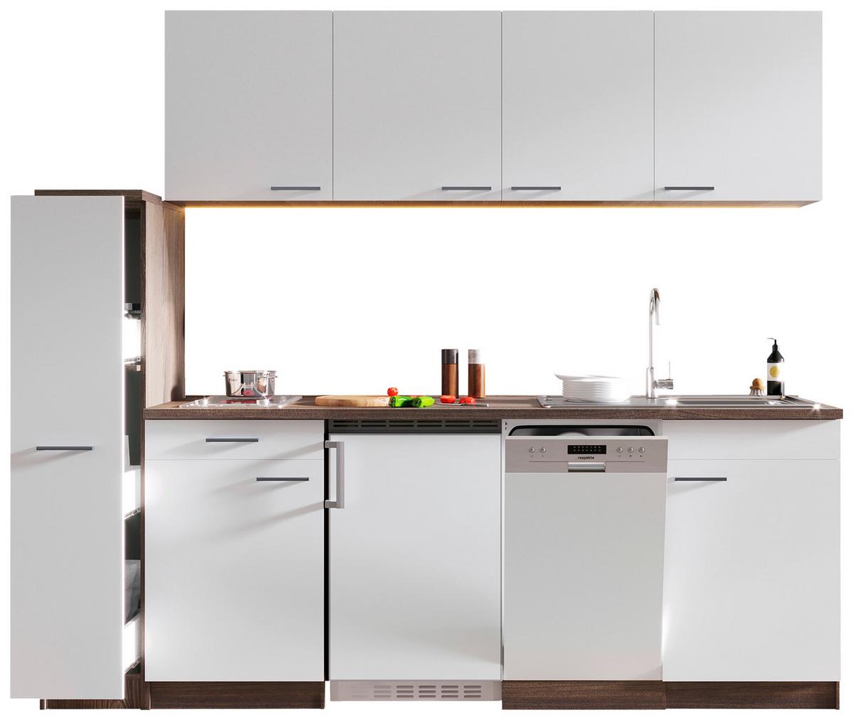 Küchenblock Oliver mit Geräten ca. 225 cm Weiß - Eichefarben/Alufarben, Basics, Holzwerkstoff/Kunststoff (225cm) - Respekta