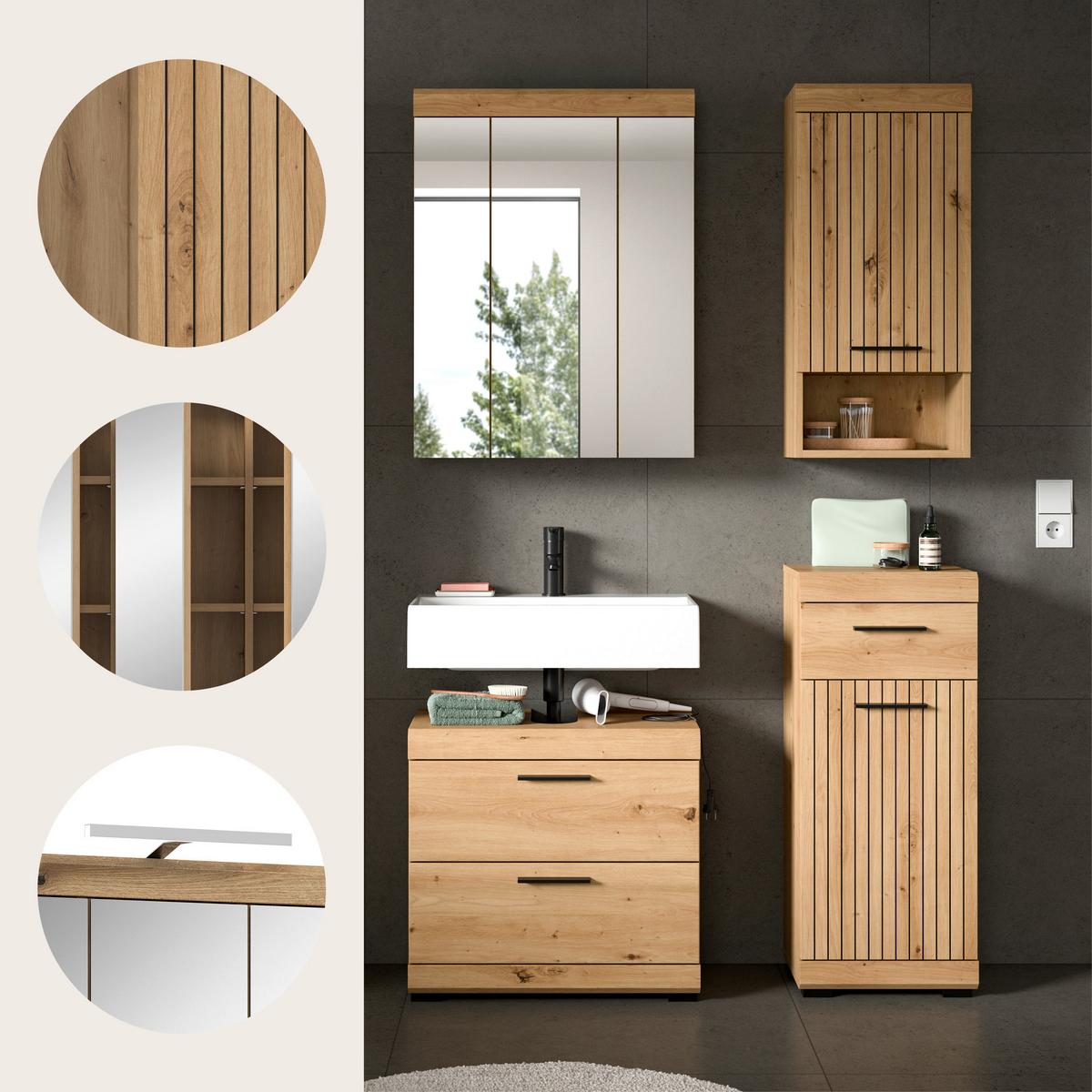 Badezimmer Scout Eiche Artisan 4-teilig - Schwarz/Eiche Artisan, Trend, Glas/Holzwerkstoff (97cm) - MID.YOU