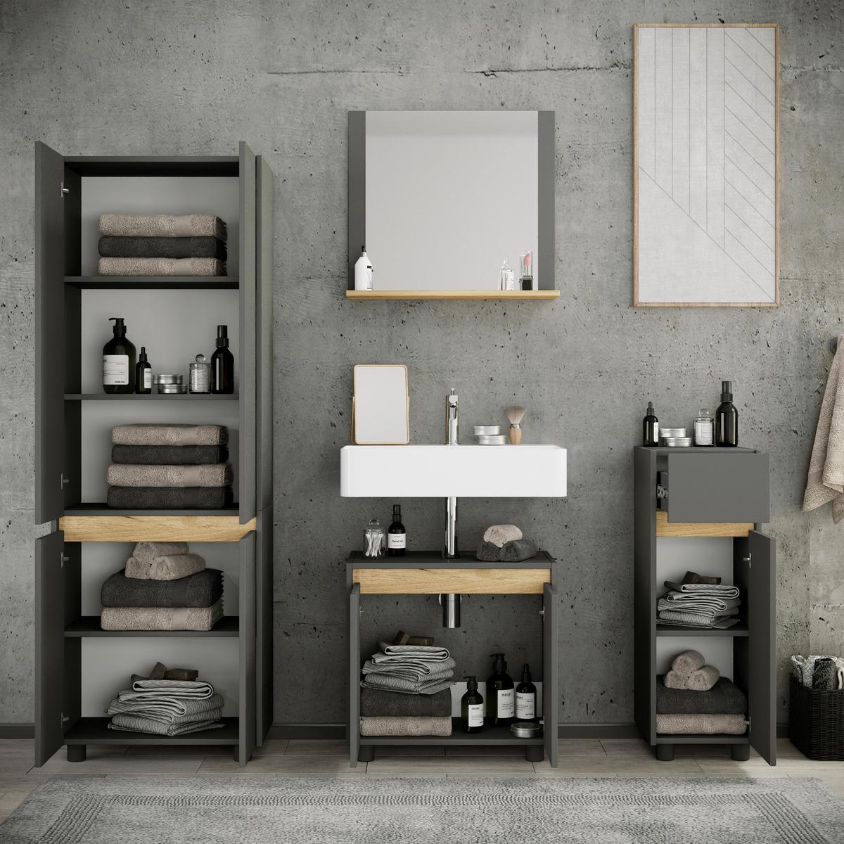 Badezimmer Cosila - Honigeiche/Anthrazit, Trend, Holzwerkstoff/Kunststoff (154cm) - MID.YOU