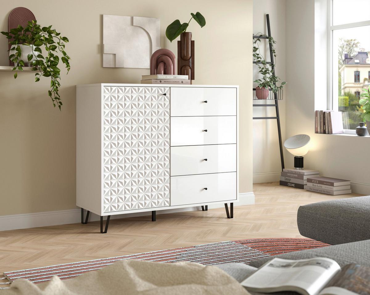 Highboard Prisma Weiß hochglanz - Weiß Hochglanz/Schwarz, Design, Holzwerkstoff/Kunststoff (110/96/40cm) - Livetastic