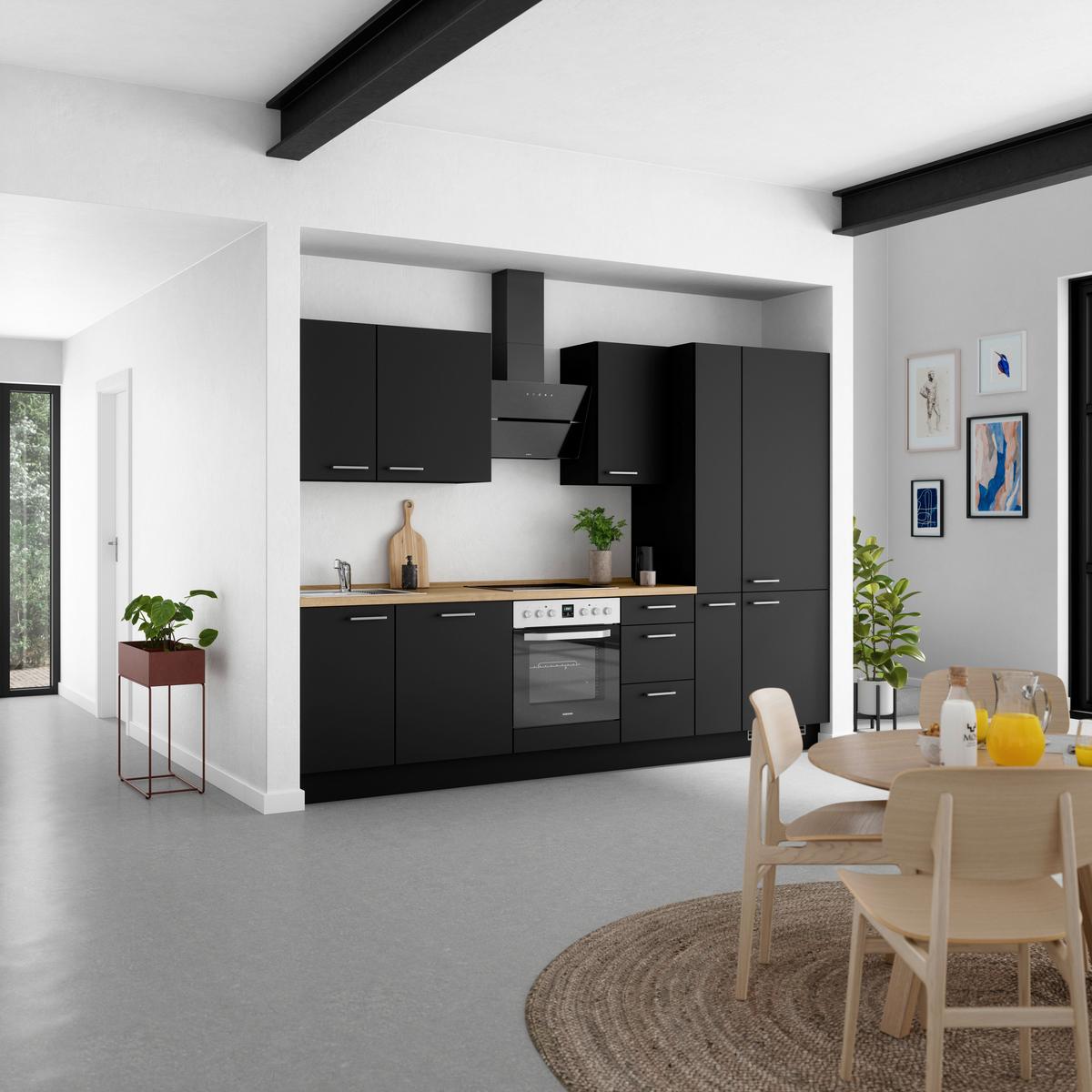 Küchenblock Touch High m. Geräten Schwarz - Edelstahlfarben/Eichefarben, MODERN, Holzwerkstoff/Metall (300cm) - Nobilia