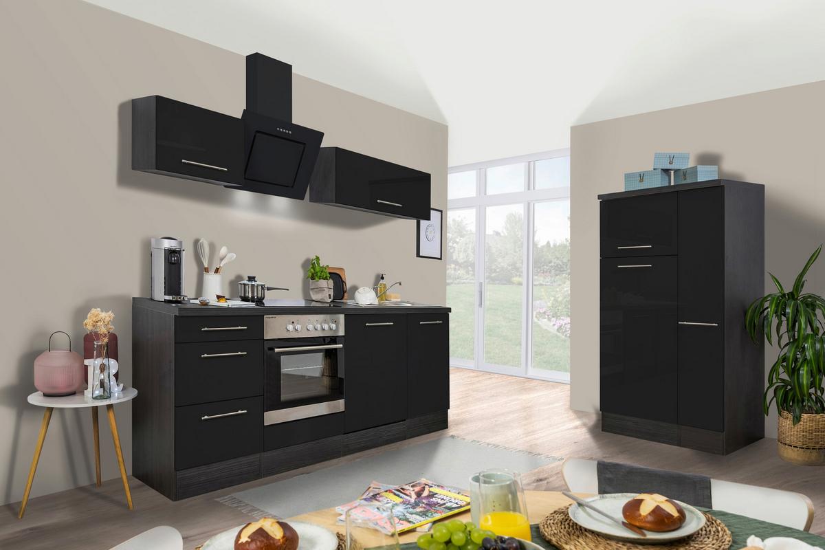 Küchenzeile mit Geräte Schwarz Hochglanz B: ca. 310 cm - Edelstahlfarben/Eichefarben, Basics, Holzwerkstoff/Metall (310cm) - Respekta