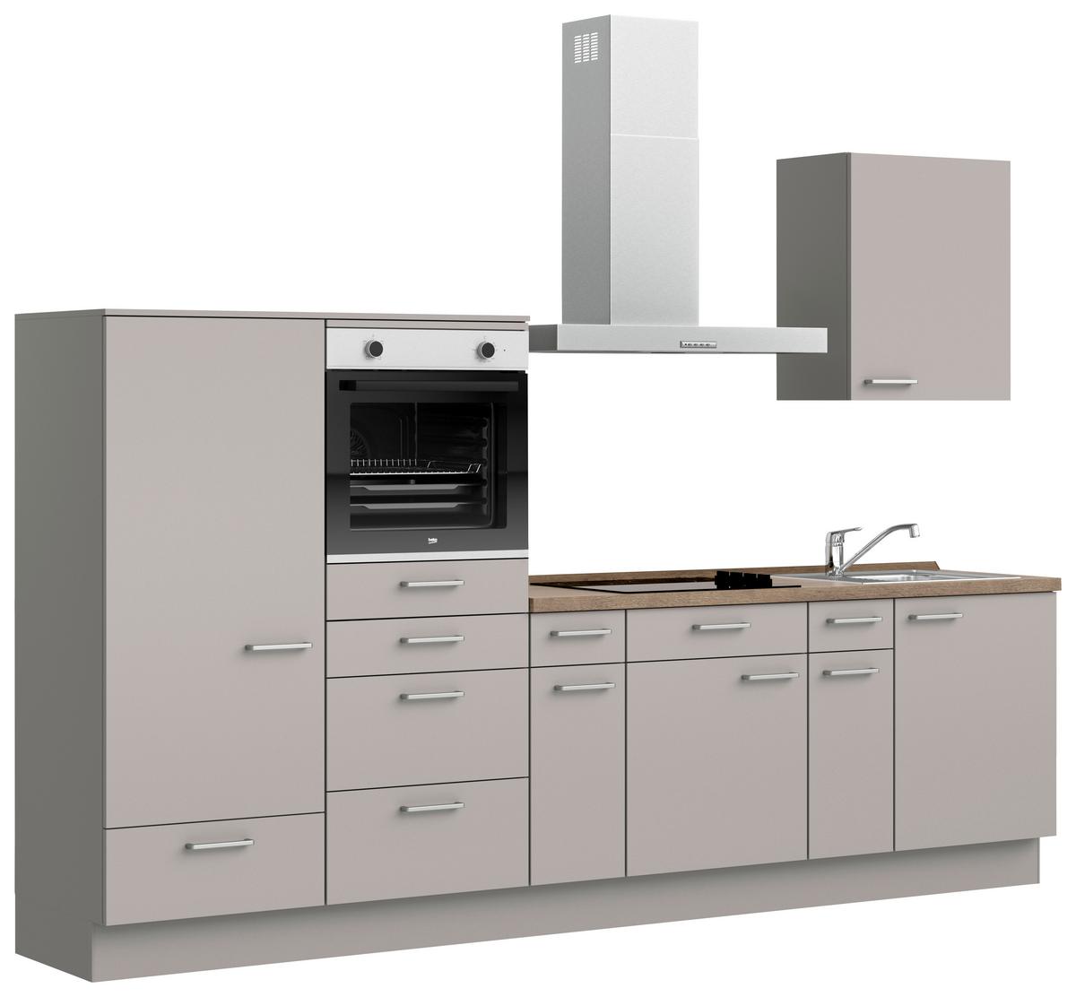 Küchenblock Touch Low m. Geräten Grau - Eiche dunkel/Edelstahlfarben, MODERN, Holzwerkstoff/Metall (300cm) - Nobilia