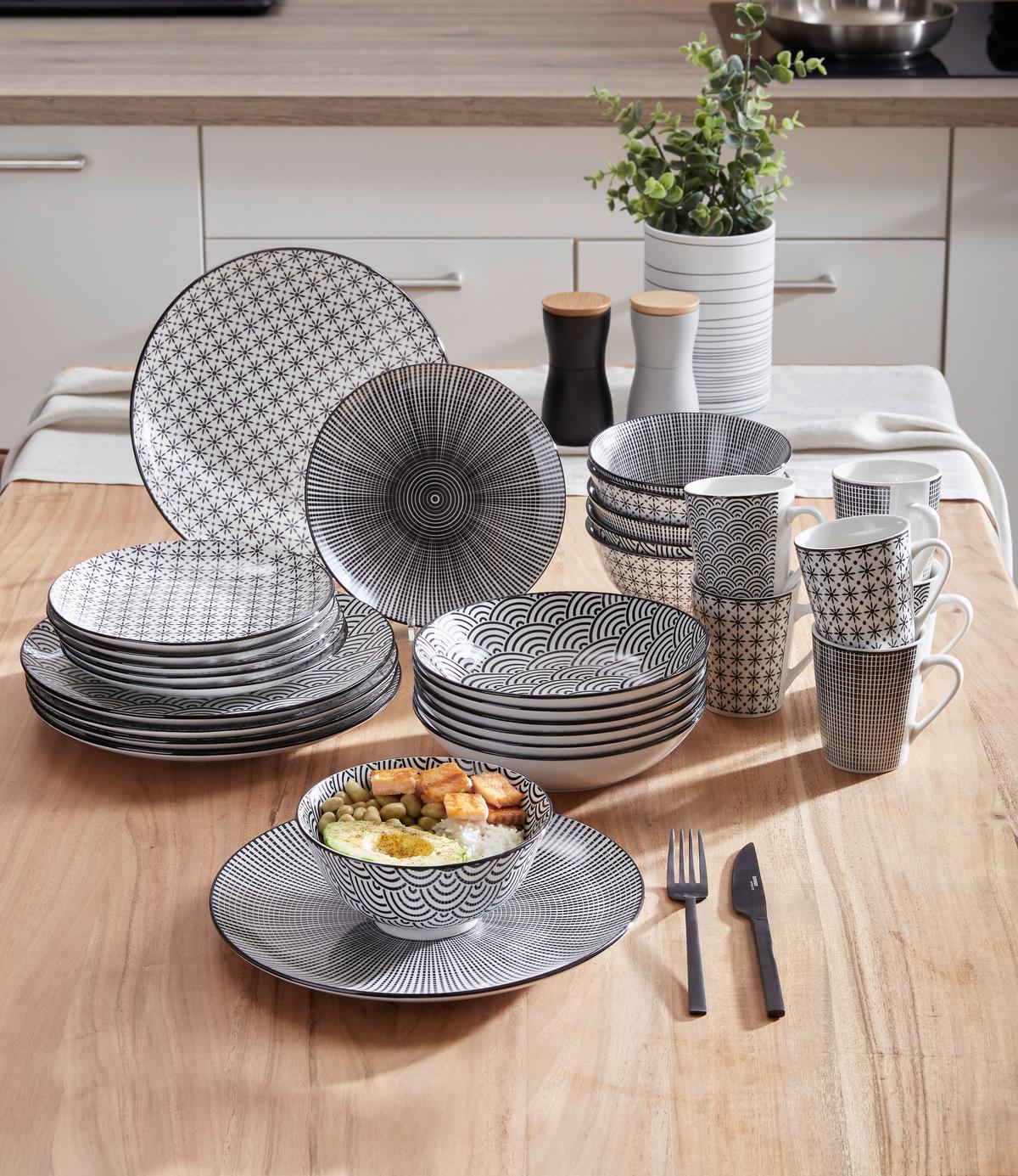 SERWIS OBIADOWO-ŚNIADANIOWY TOKYO - czarny/biały, Trend, ceramika - Novel