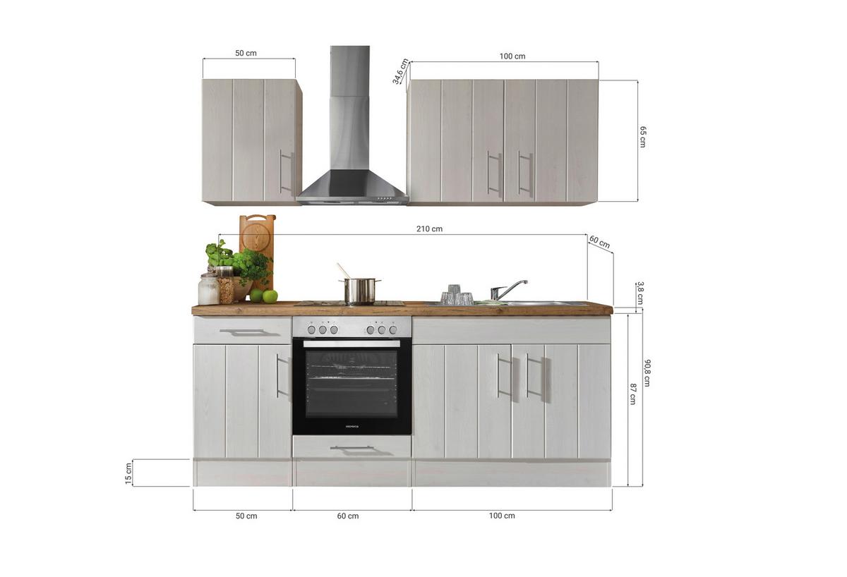 Küchenblock Anton Landhaus ohne Geräte ca. 210 cm Weiß - Wildeiche/Edelstahlfarben, Basics, Holzwerkstoff/Metall - Respekta